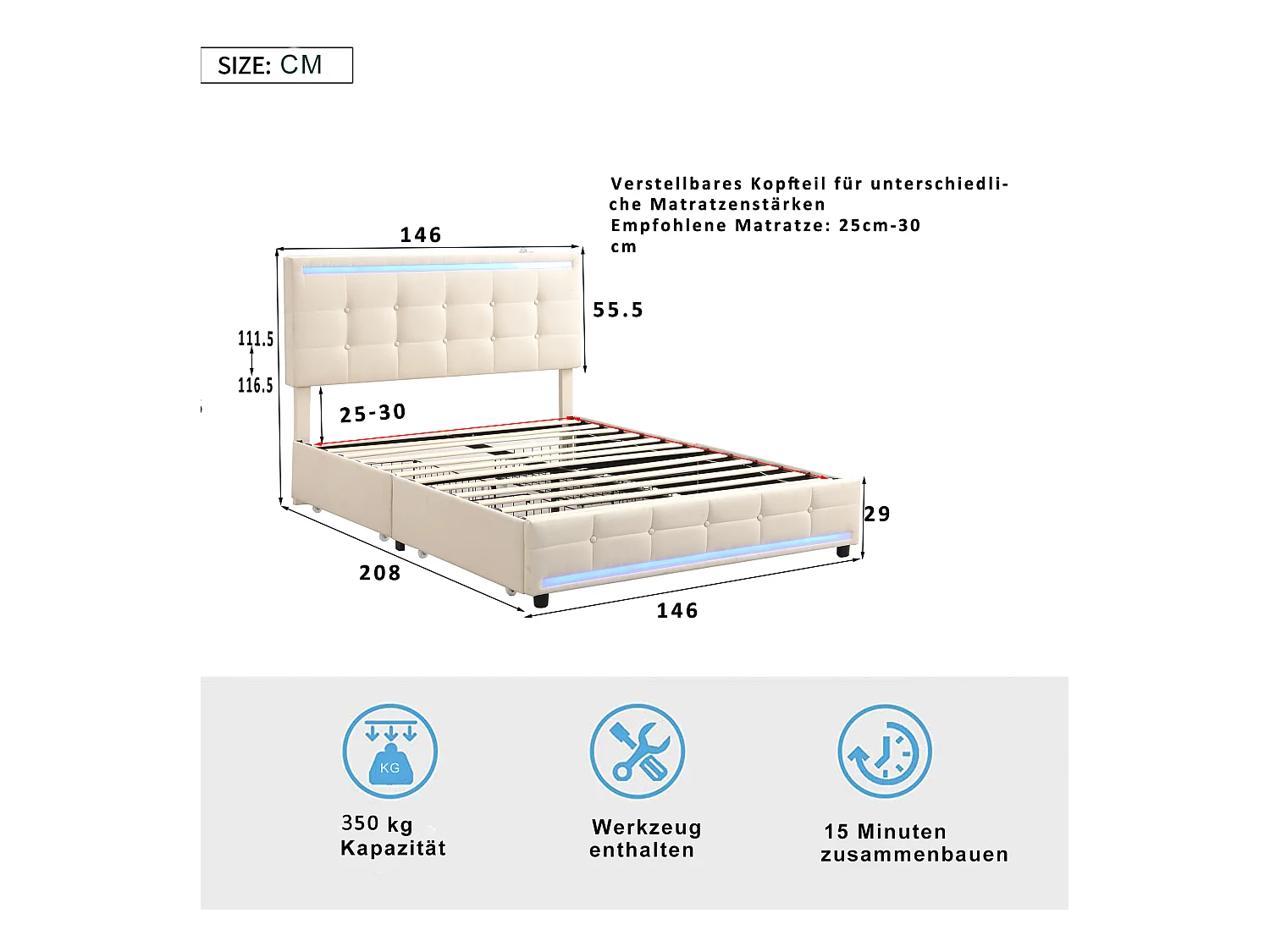 Lit capitonné 140 x 200 cm avec tête de lit et 2 tiroirs - tissu lin - LEDs et prise USB - coloris beige