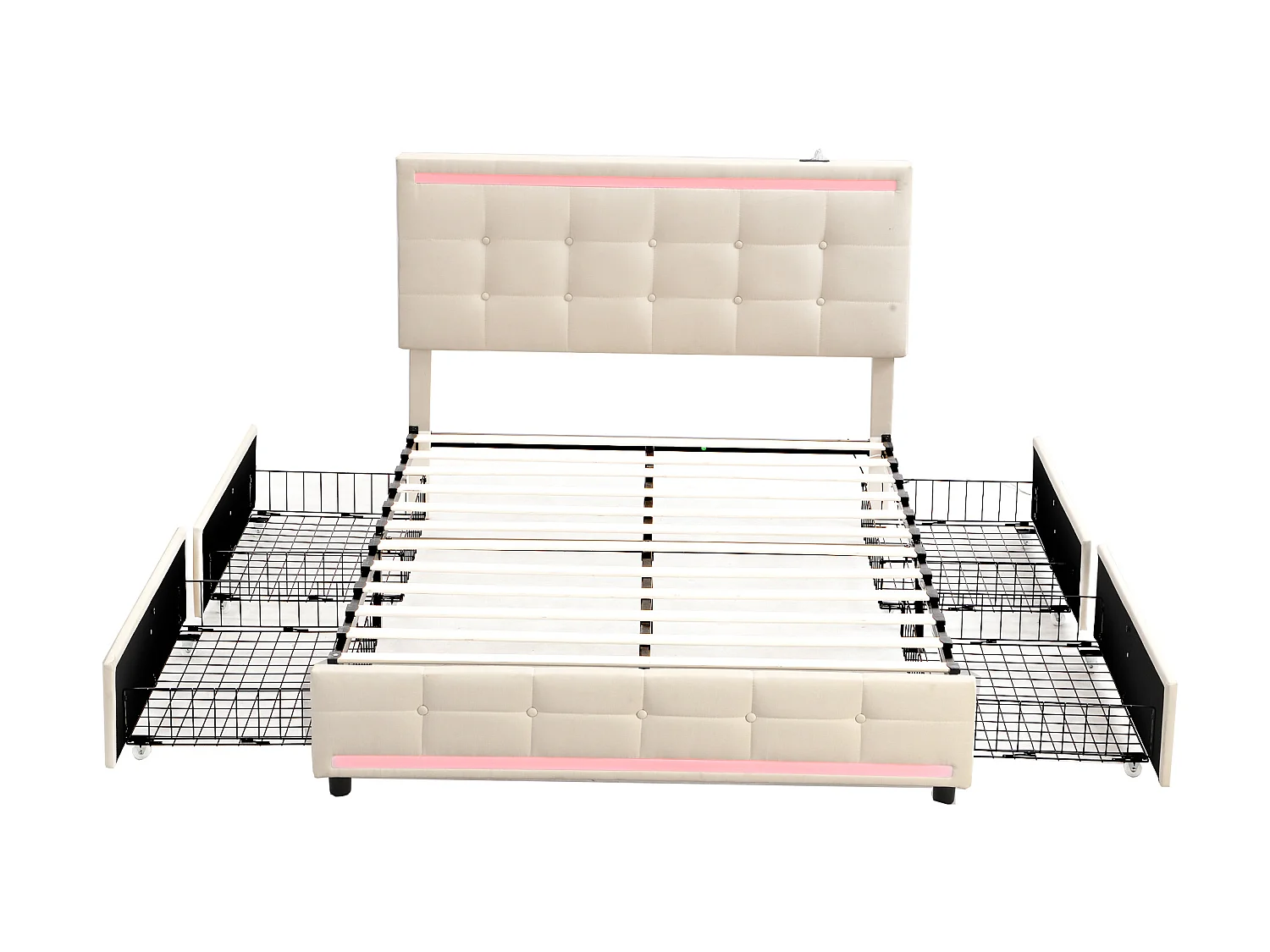 Lit capitonné 140 x 200 cm avec tête de lit et 2 tiroirs - tissu lin - LEDs et prise USB - coloris beige