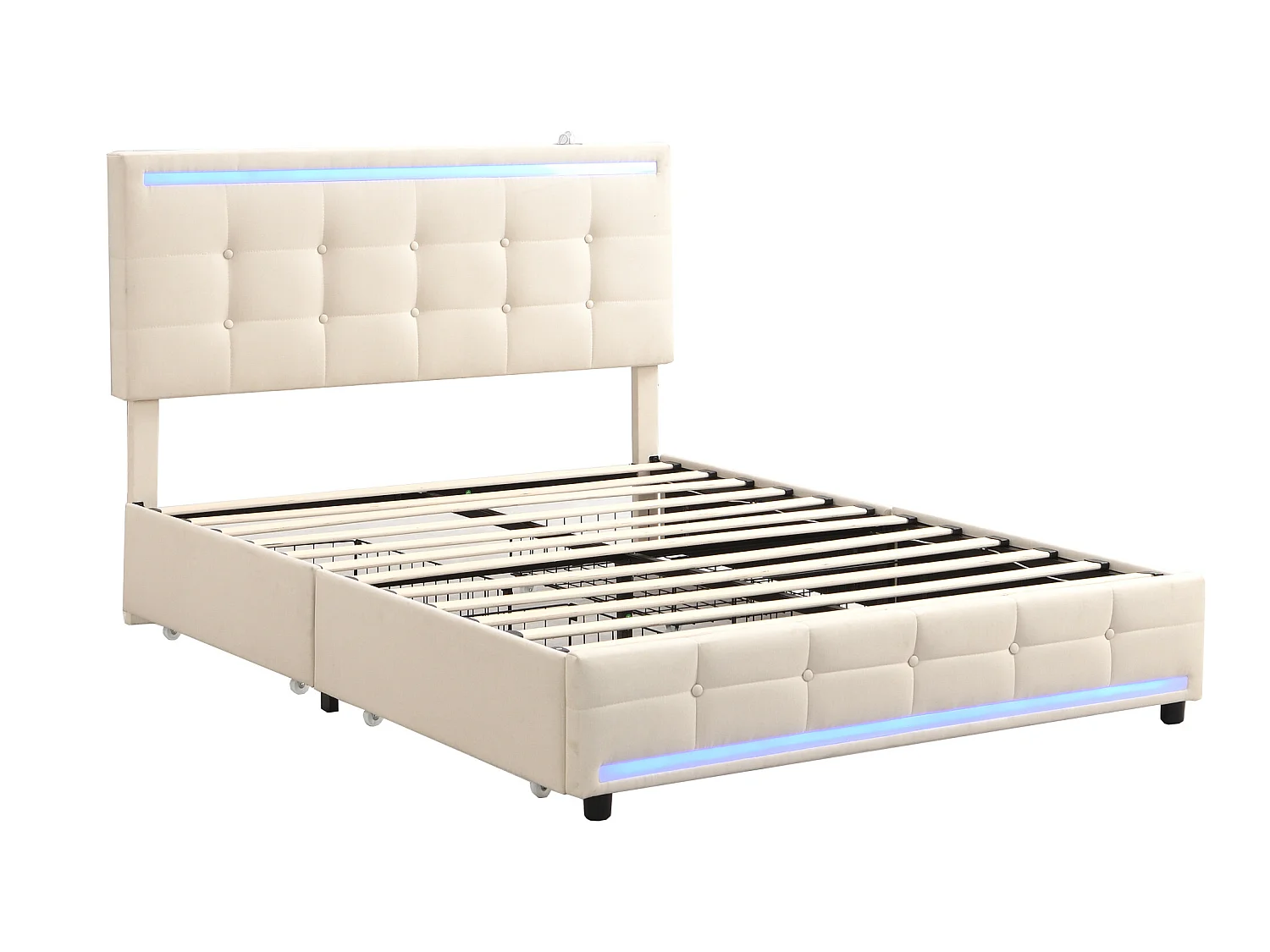 Lit capitonné 140 x 200 cm avec tête de lit et 2 tiroirs - tissu lin - LEDs et prise USB - coloris beige