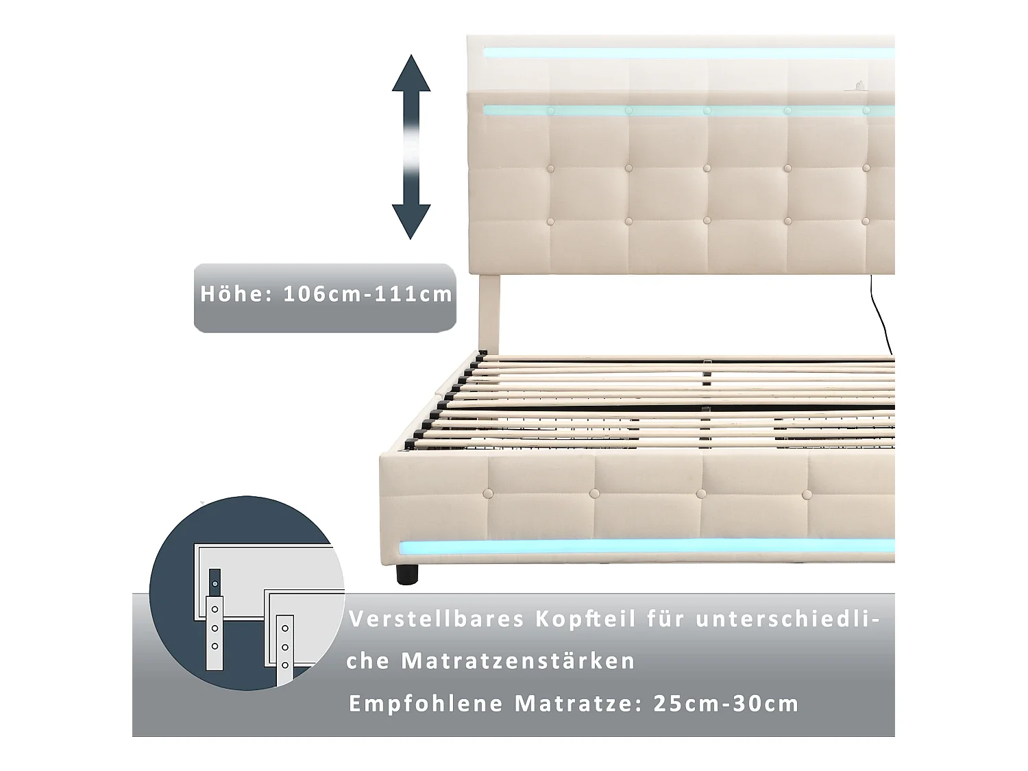 Lit capitonné 140 x 200 cm avec tête de lit et 2 tiroirs - tissu lin - LEDs et prise USB - coloris beige