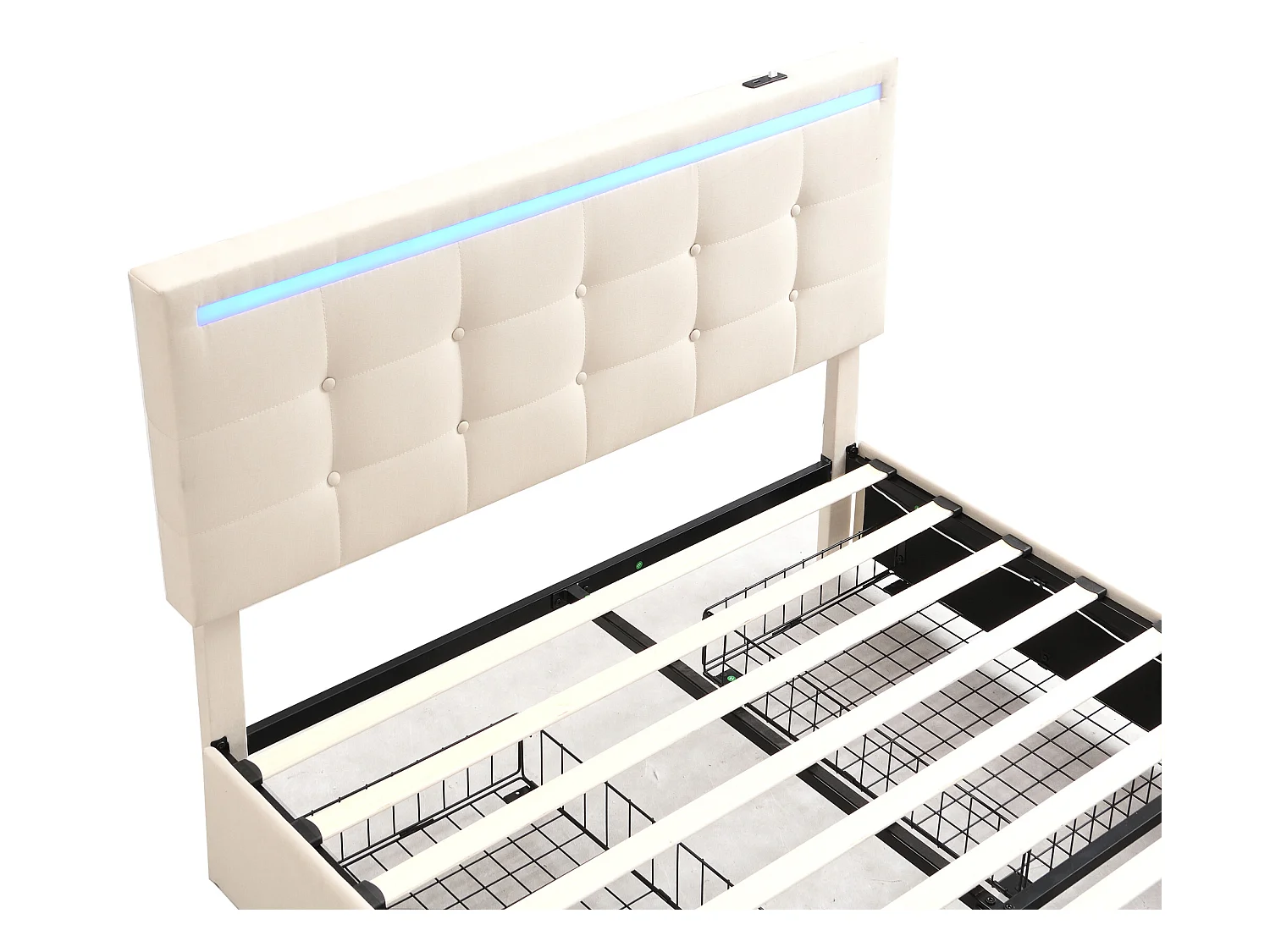 Lit capitonné 140 x 200 cm avec tête de lit et 2 tiroirs - tissu lin - LEDs et prise USB - coloris beige