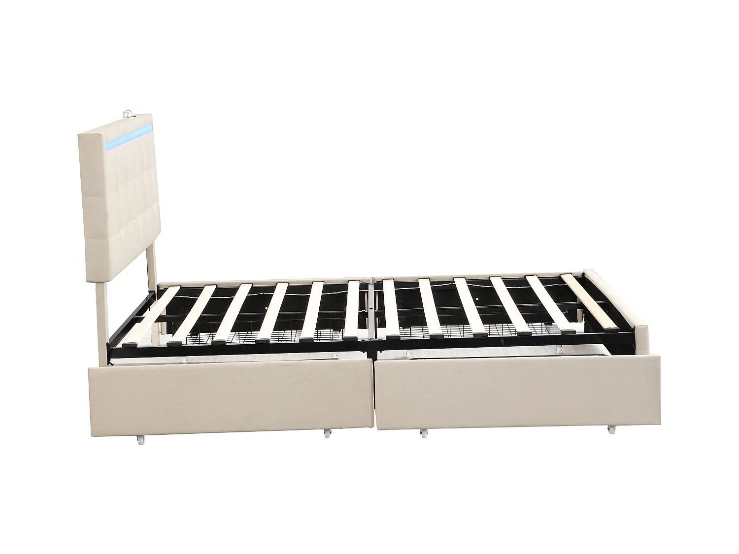 Lit capitonné 140 x 200 cm avec tête de lit et 2 tiroirs - tissu lin - LEDs et prise USB - coloris beige