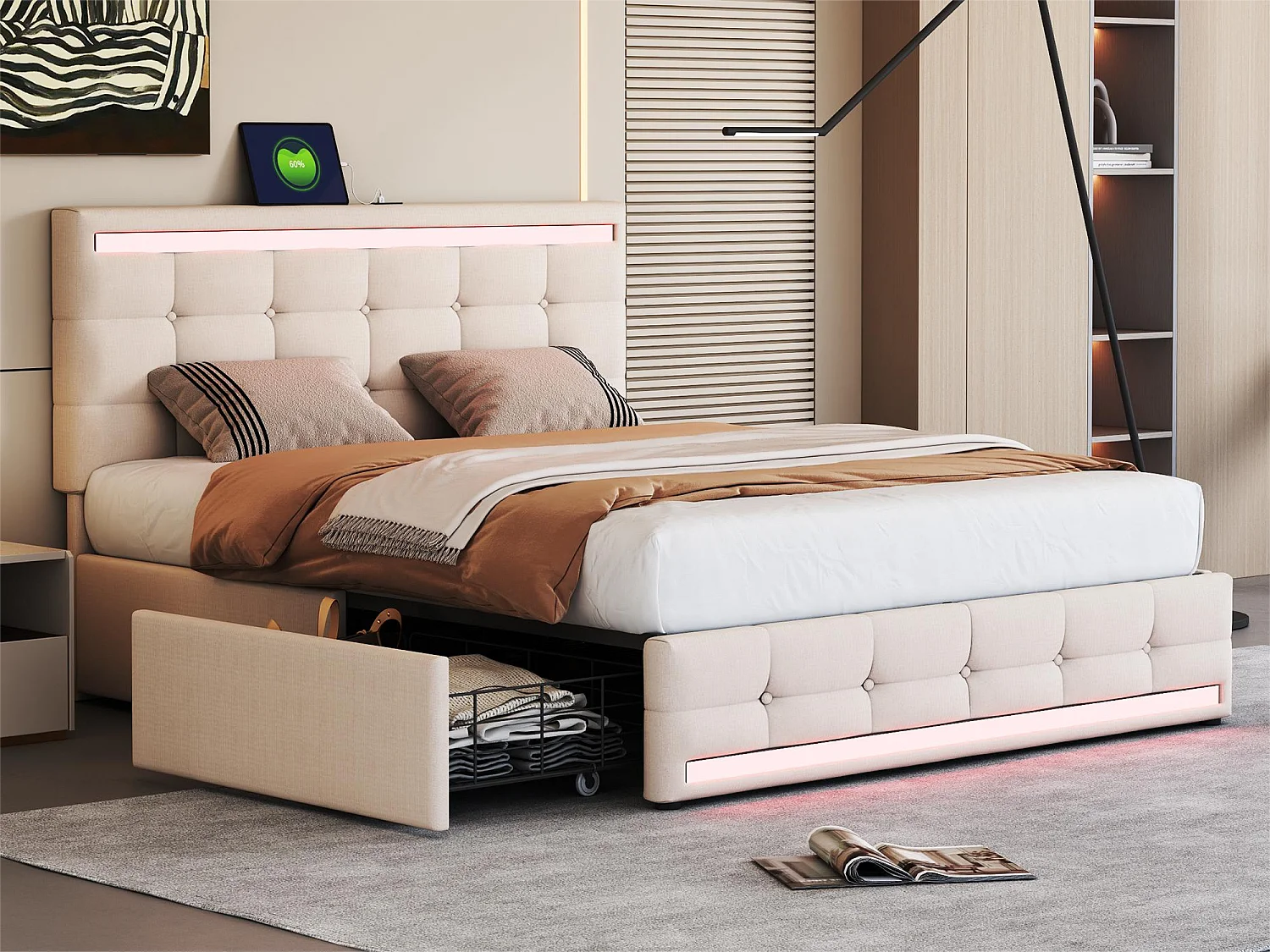 Opbergbed met hoofdeinde en 2 laden - 140x200 cm - linnenstof - LED's en USB-aansluiting - beige kleur