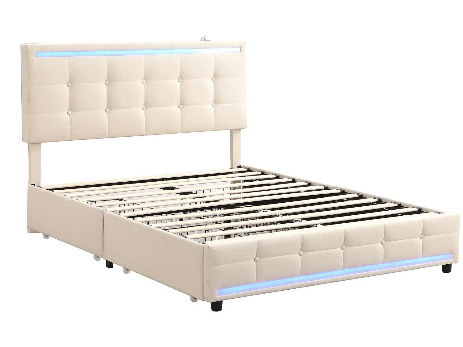 Opbergbed met hoofdeinde en 2 laden - 140x200 cm - linnenstof - LED's en USB-aansluiting - beige kleur