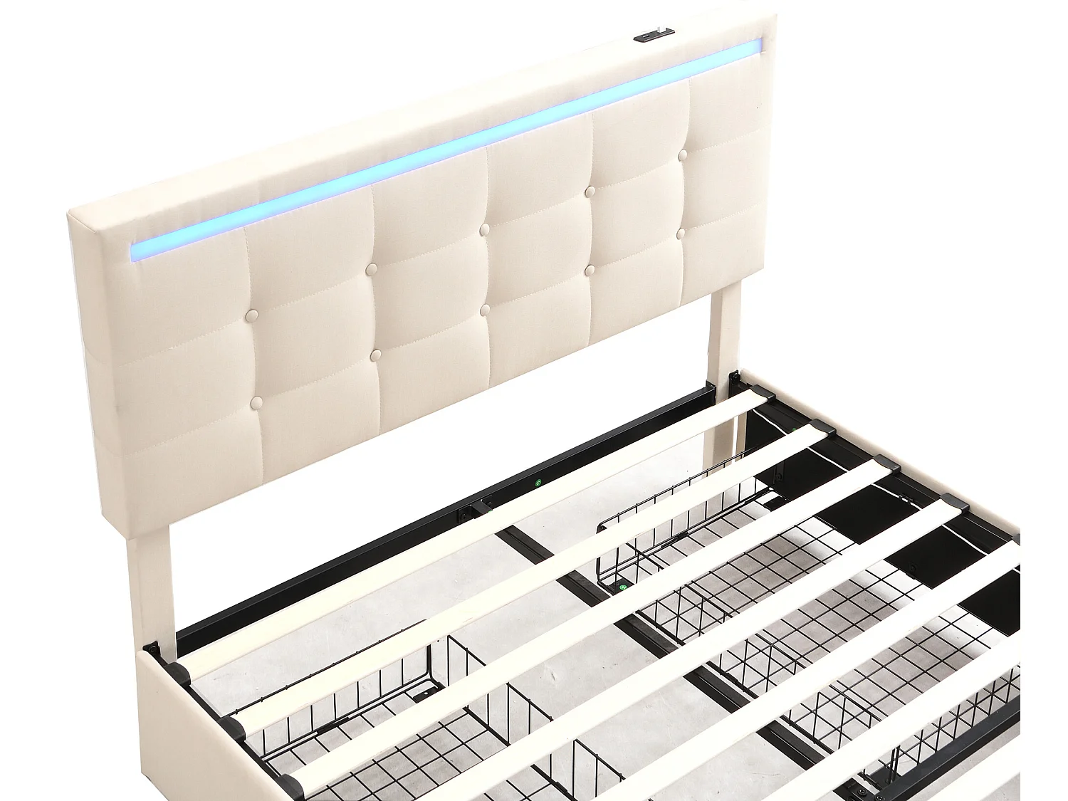 Opbergbed met hoofdeinde en 2 laden - 140x200 cm - linnenstof - LED's en USB-aansluiting - beige kleur