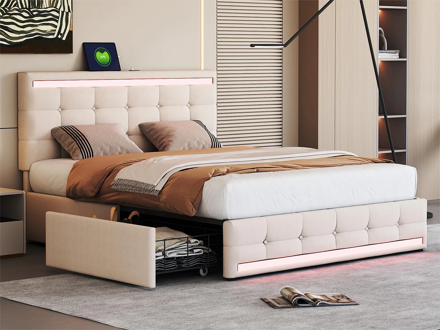 Opbergbed met hoofdeinde en 2 laden - 140x200 cm - linnenstof - LED's en USB-aansluiting - beige kleur