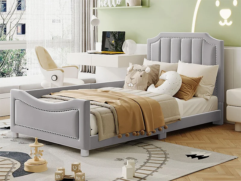 Bett mit Kopfteil – 90 x 200 cm – Flanellstoff – für Kinder oder Babys – Farbe Grau