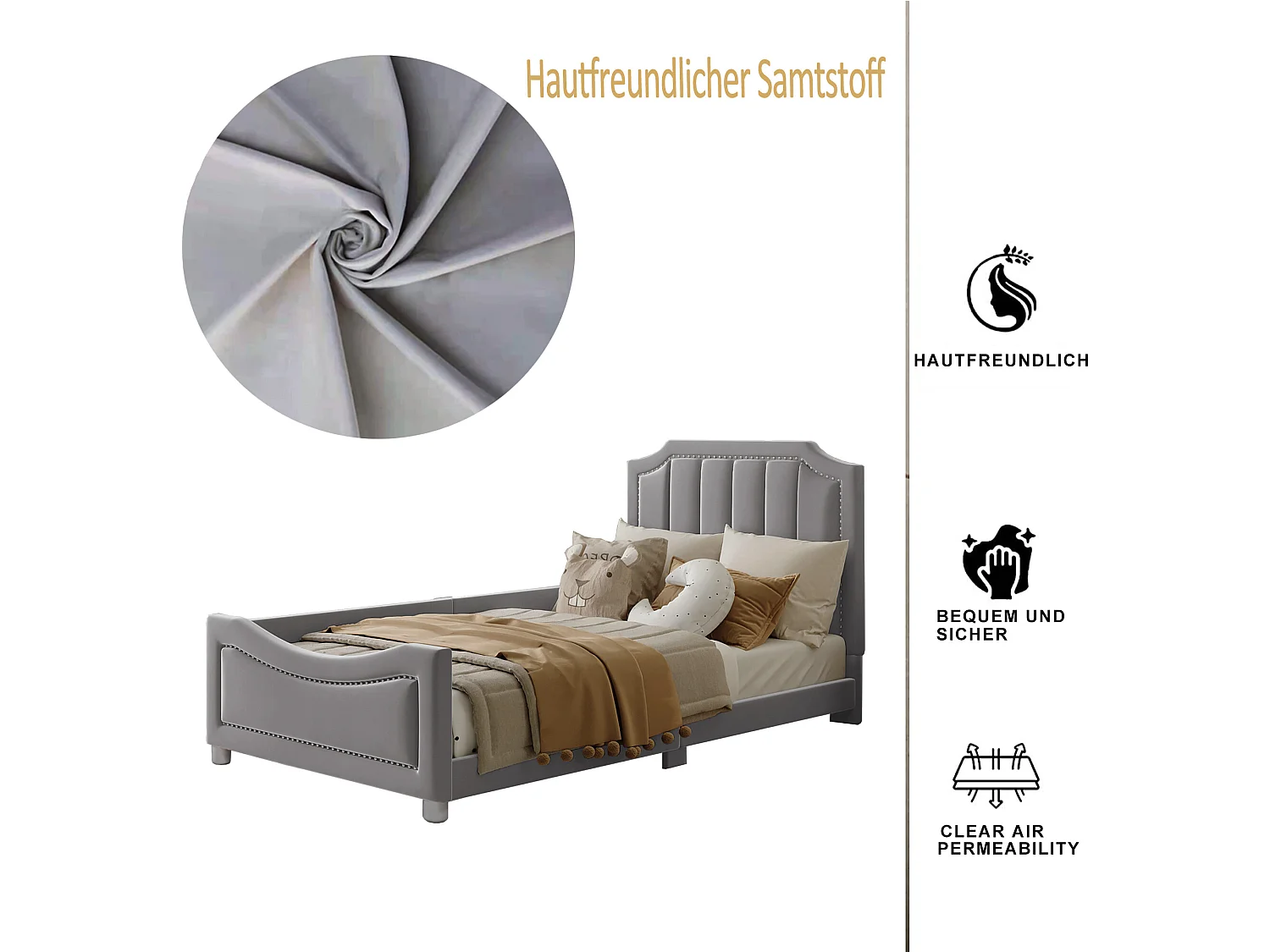 Bett mit Kopfteil – 90 x 200 cm – Flanellstoff – für Kinder oder Babys – Farbe Grau