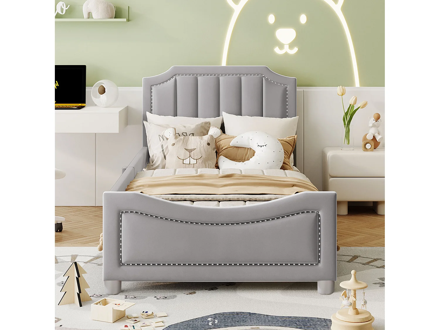 Bett mit Kopfteil – 90 x 200 cm – Flanellstoff – für Kinder oder Babys – Farbe Grau