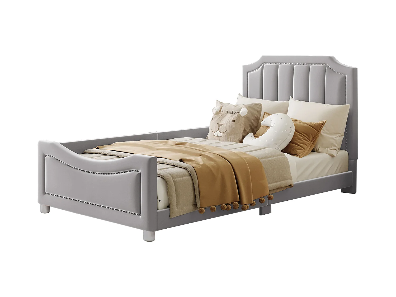 Bett mit Kopfteil – 90 x 200 cm – Flanellstoff – für Kinder oder Babys – Farbe Grau