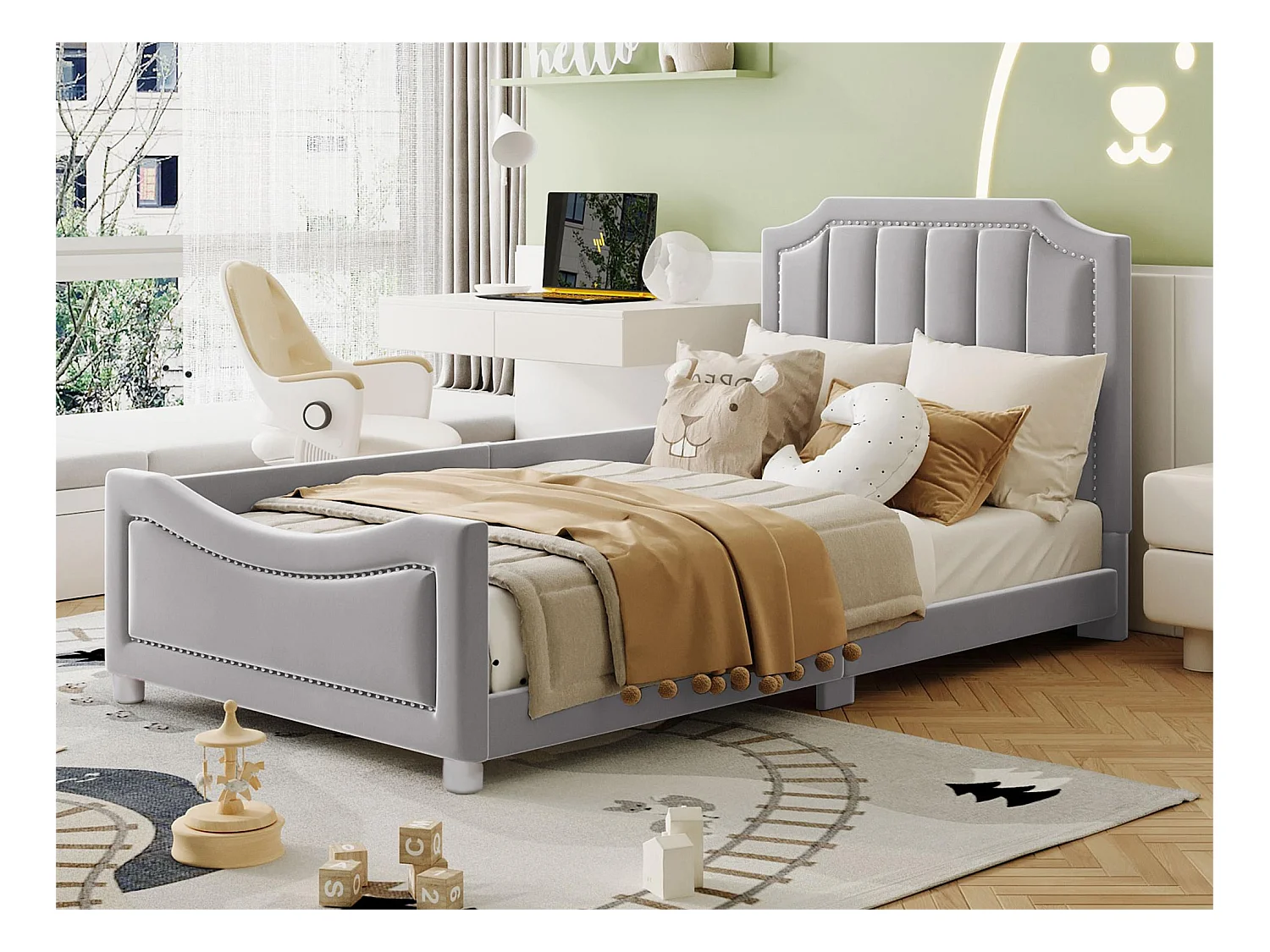 Lit avec tête de lit - 90 x 200 cm - tissu en flanelle - pour enfant ou bébé - coloris gris