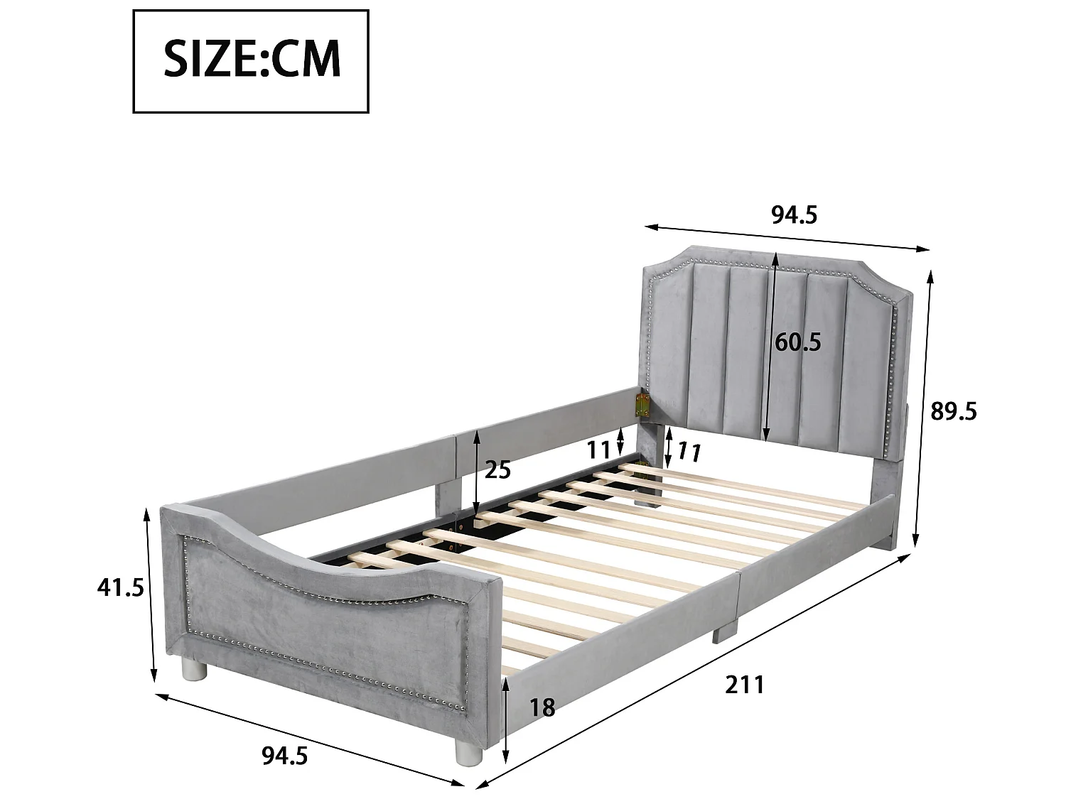 Lit avec tête de lit - 90 x 200 cm - tissu en flanelle - pour enfant ou bébé - coloris gris