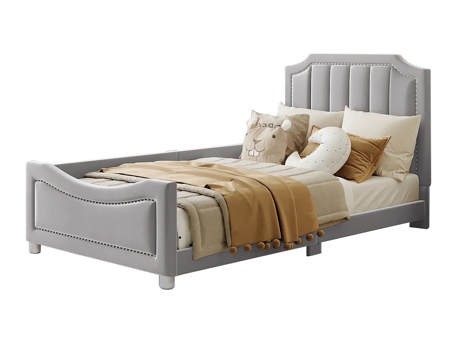 Lit avec tête de lit - 90 x 200 cm - tissu en flanelle - pour enfant ou bébé - coloris gris