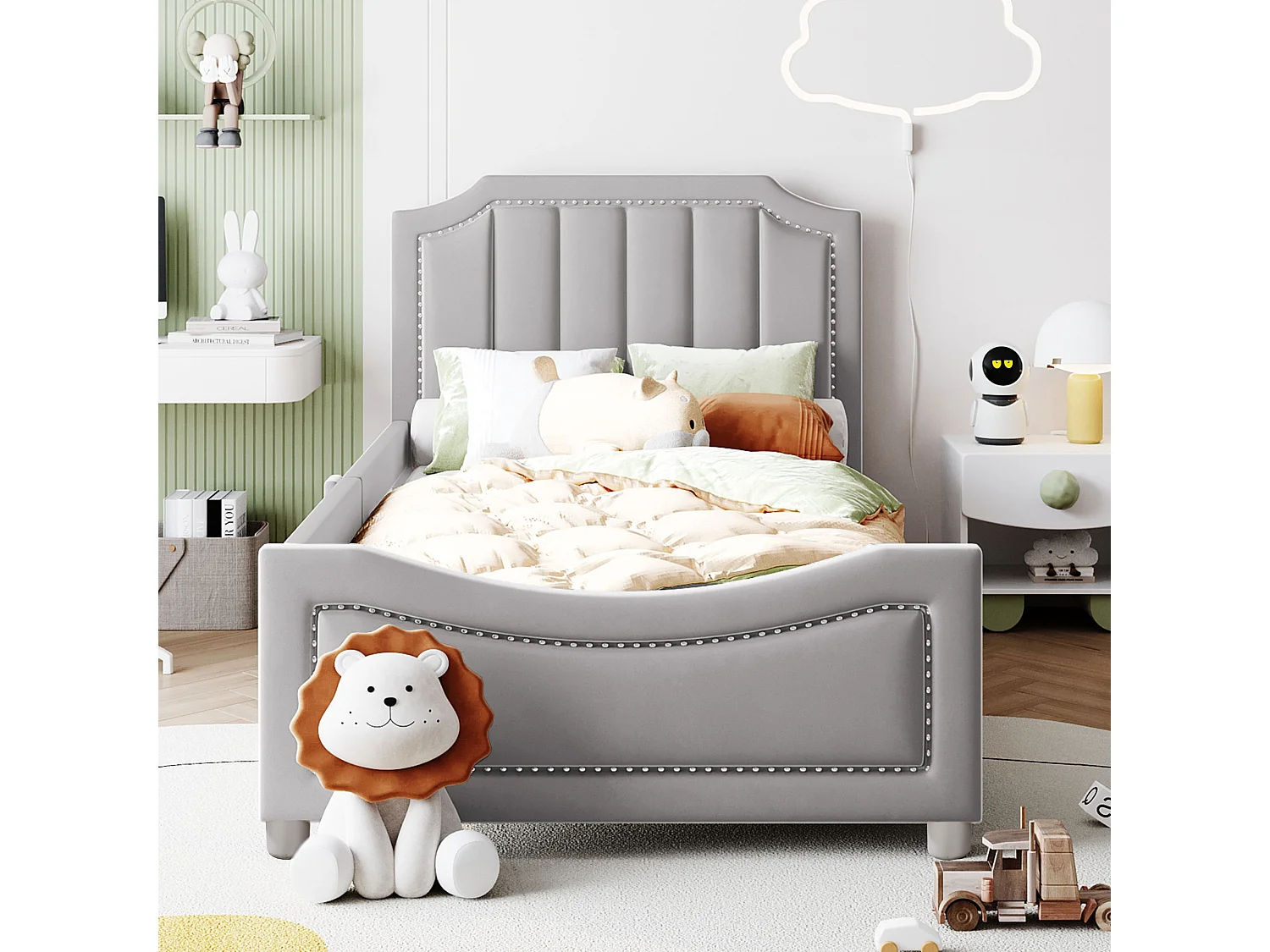 Lit avec tête de lit - 90 x 200 cm - tissu en flanelle - pour enfant ou bébé - coloris gris