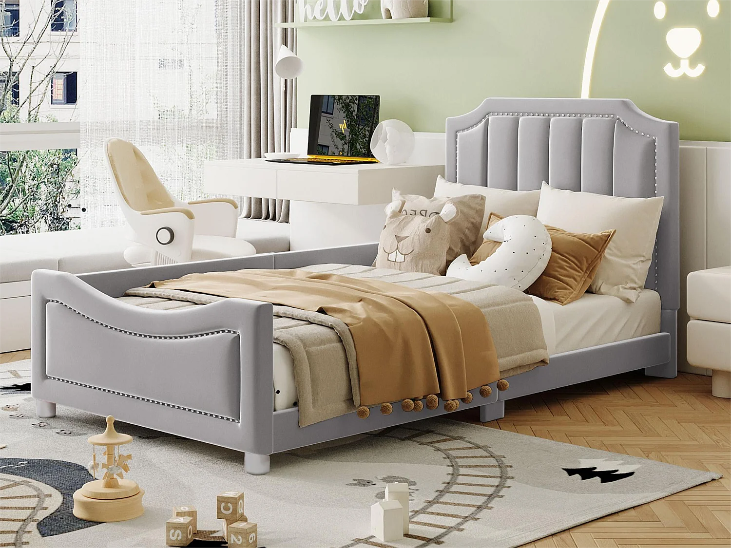 Lit avec tête de lit - 90 x 200 cm - tissu en flanelle - pour enfant ou bébé - coloris gris