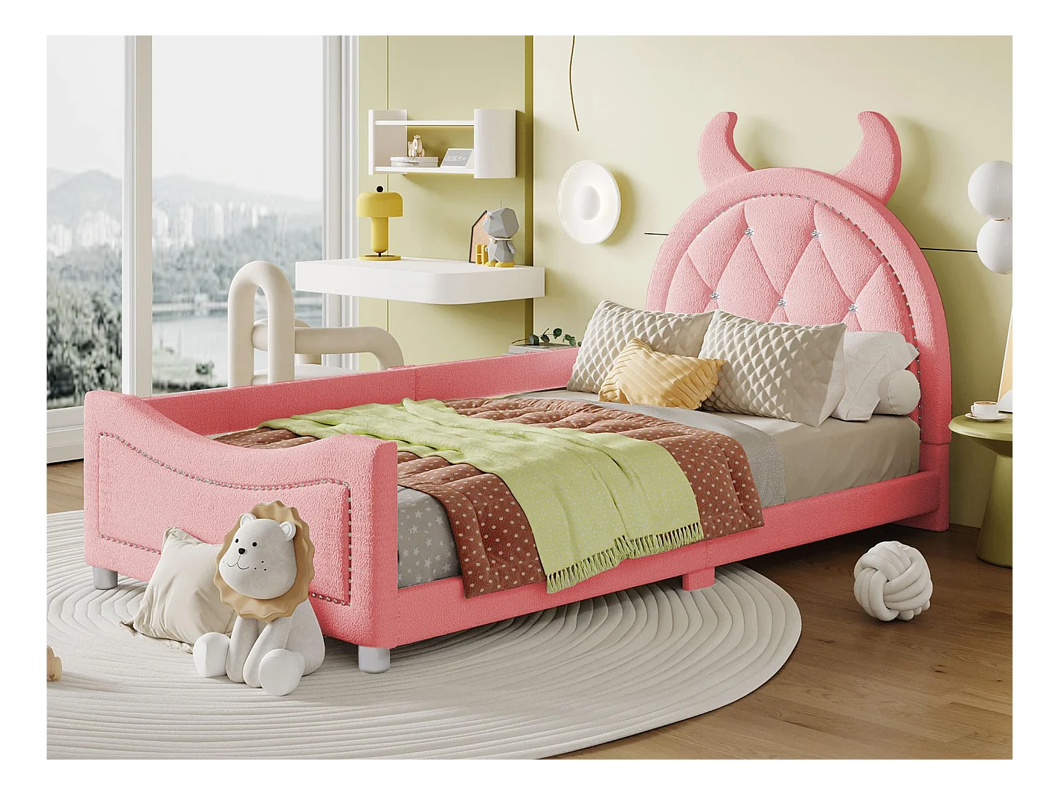 Lit avec tête de lit - 90 x 200 cm - tissu bouclette - sommier inclus - coloris rose