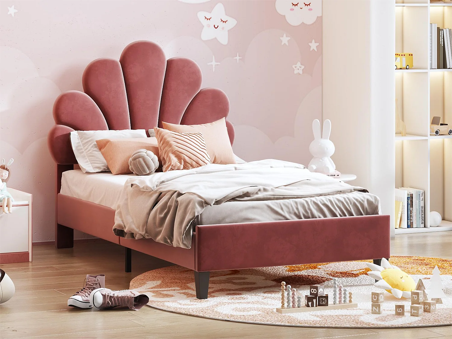 Lit coquillage avec tête de lit 90 x 200 cm en velours, sommier à lattes inclus, rouge