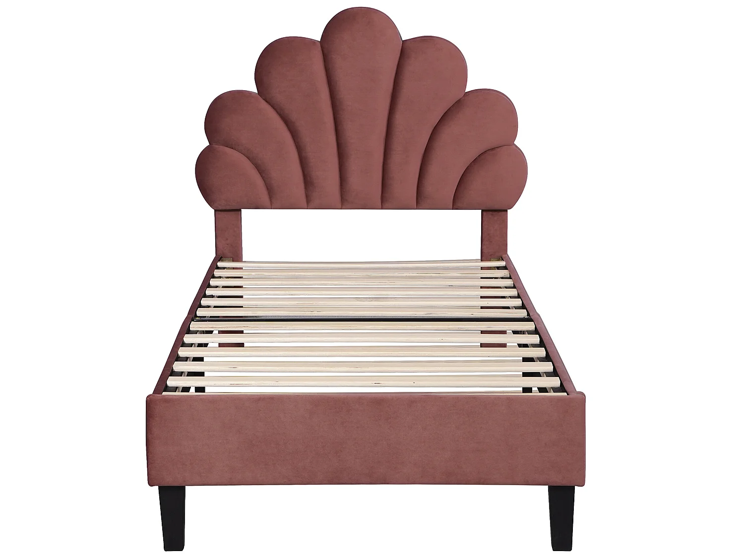Lit coquillage avec tête de lit 90 x 200 cm en velours, sommier à lattes inclus, rouge