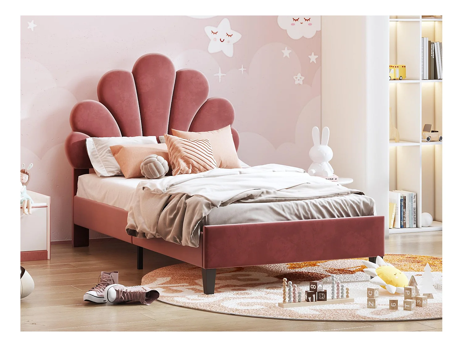 Lit coquillage avec tête de lit 90 x 200 cm en velours, sommier à lattes inclus, rouge