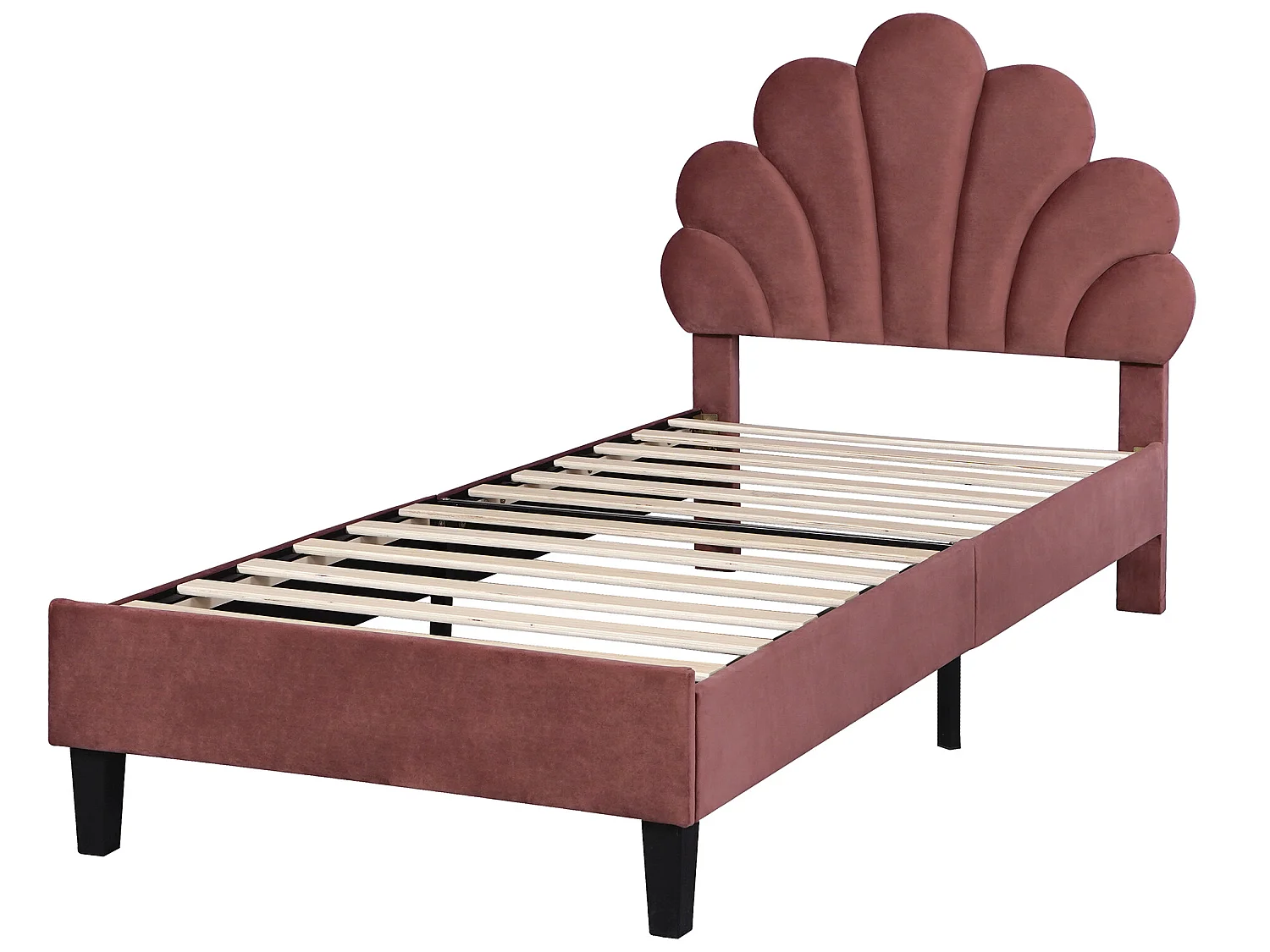 Lit coquillage avec tête de lit 90 x 200 cm en velours, sommier à lattes inclus, rouge
