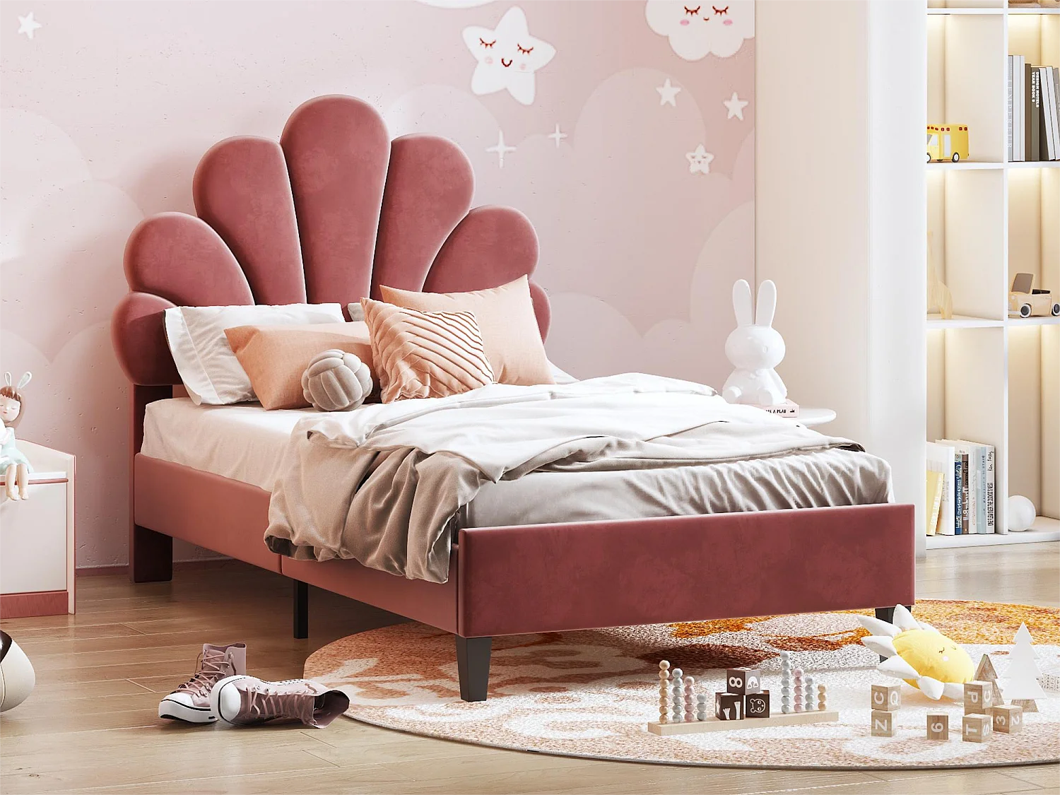 Letto a conchiglia con testiera in velluto 90 x 200 cm, rete a doghe inclusa, rosso