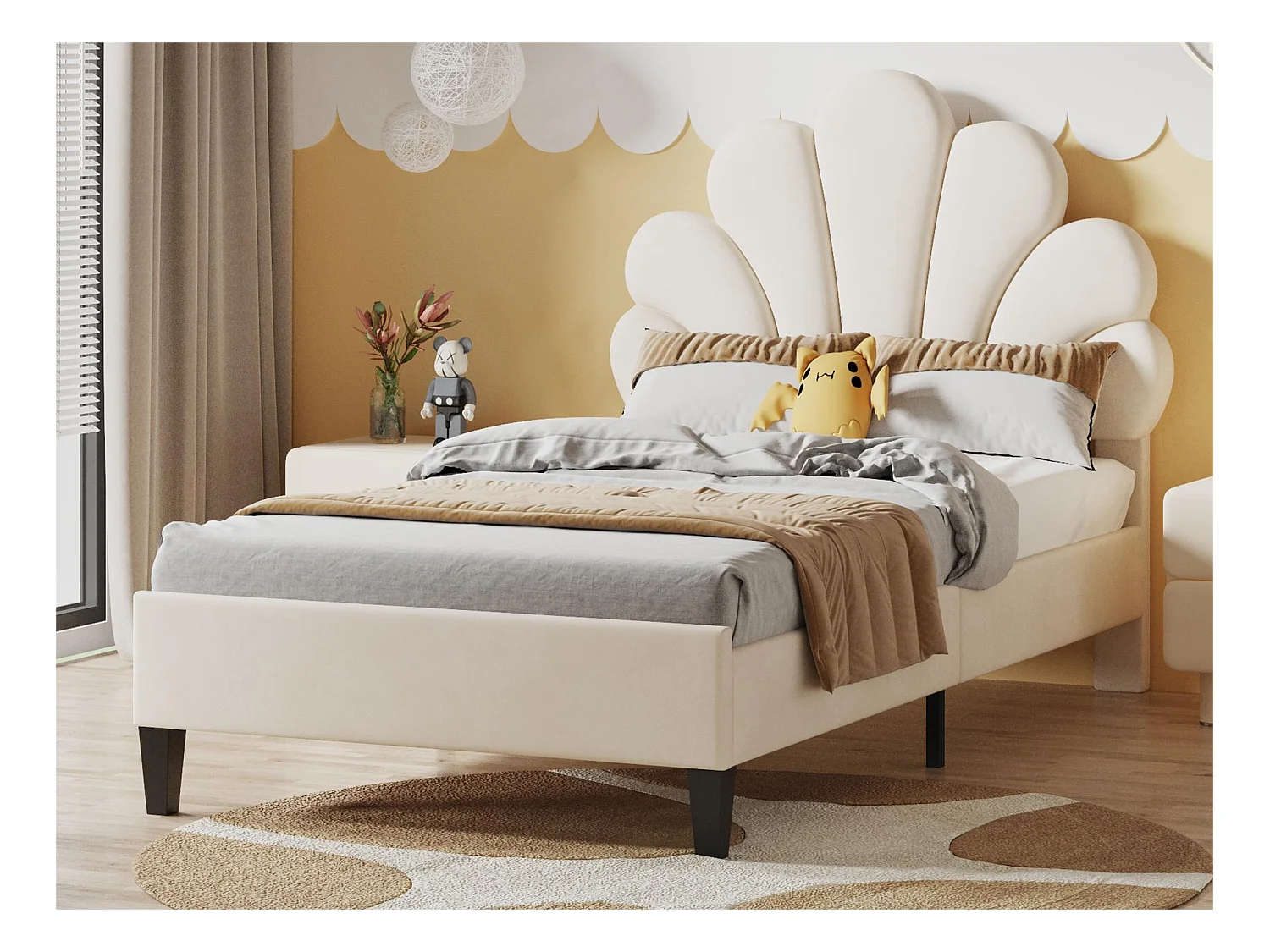 Lit coquillage avec tête de lit 90 x 200 cm en velours, sommier à lattes inclus, beige