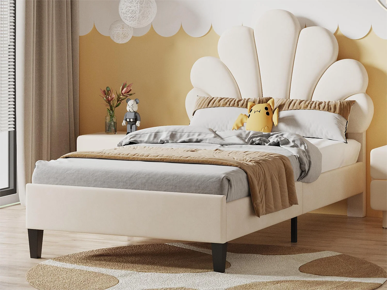 Muschelbett mit Kopfteil 90 x 200 cm in Samt, inklusive Lattenrost, beige