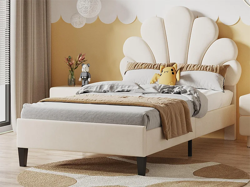 Muschelbett mit Kopfteil 90 x 200 cm in Samt, inklusive Lattenrost, beige