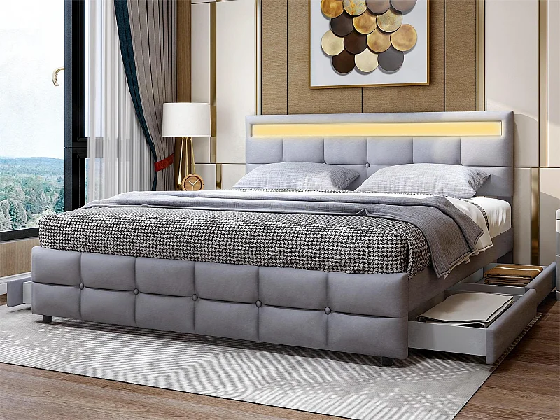 Bett mit Kopfteil – 180 x 200 cm – 4 Schubladen – Samtstoff – LED-Beleuchtung – Lattenrost – Grau