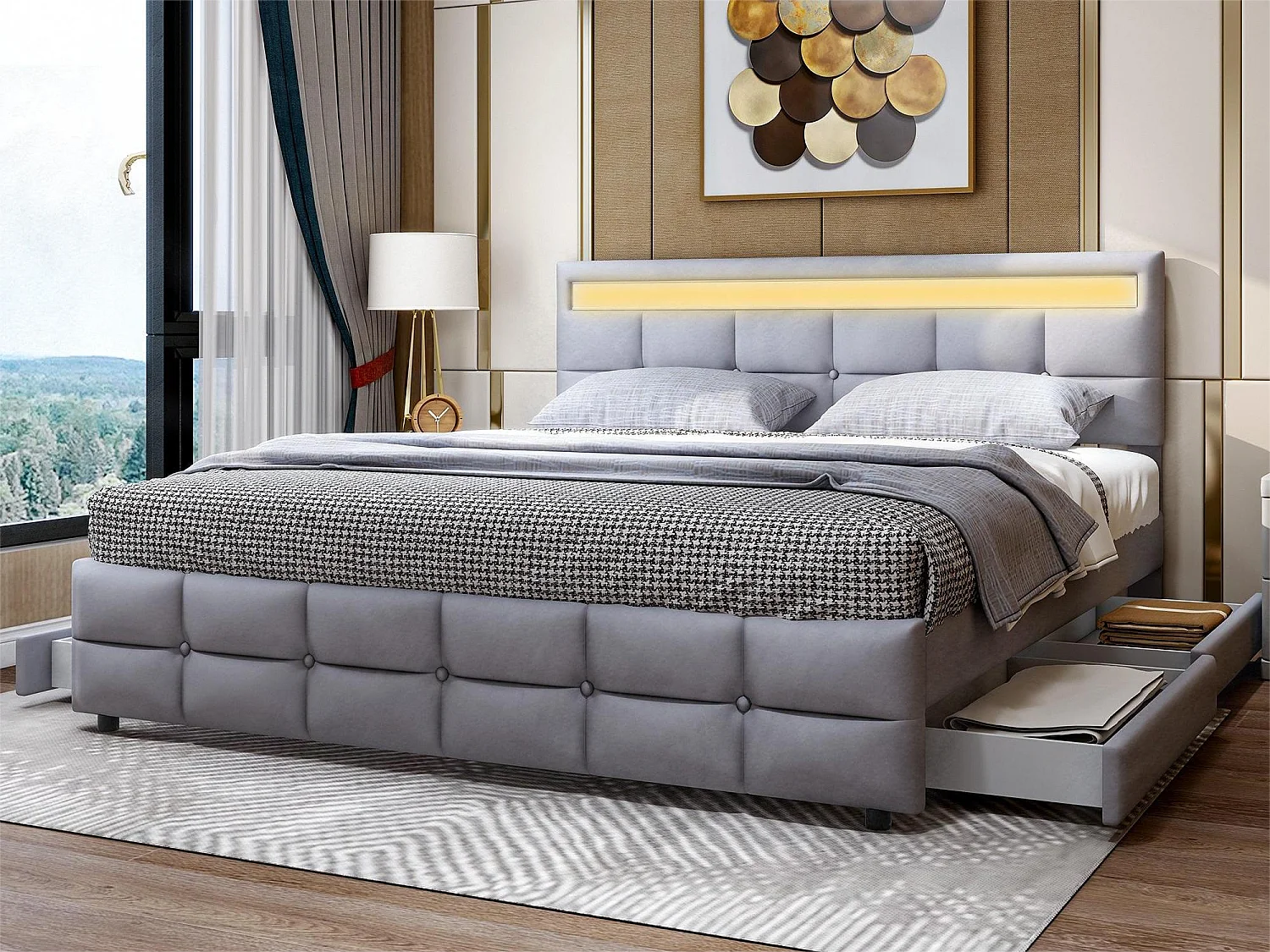 Bed met hoofdeinde - 180 x 200 cm - 4 lades - fluwelen stof - LED verlichting - lattenbodem - grijs