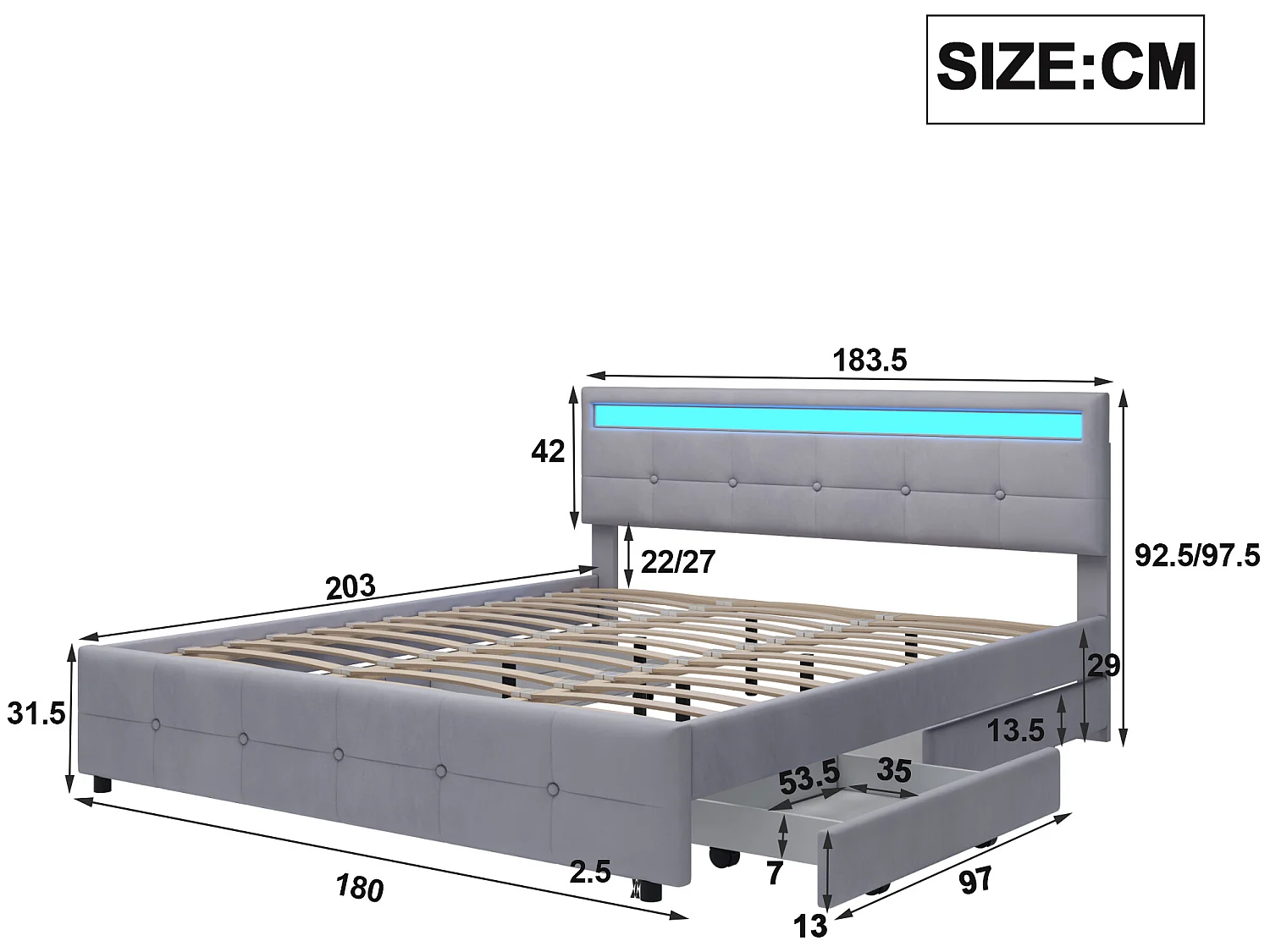 Bed met hoofdeinde - 180 x 200 cm - 4 lades - fluwelen stof - LED verlichting - lattenbodem - grijs