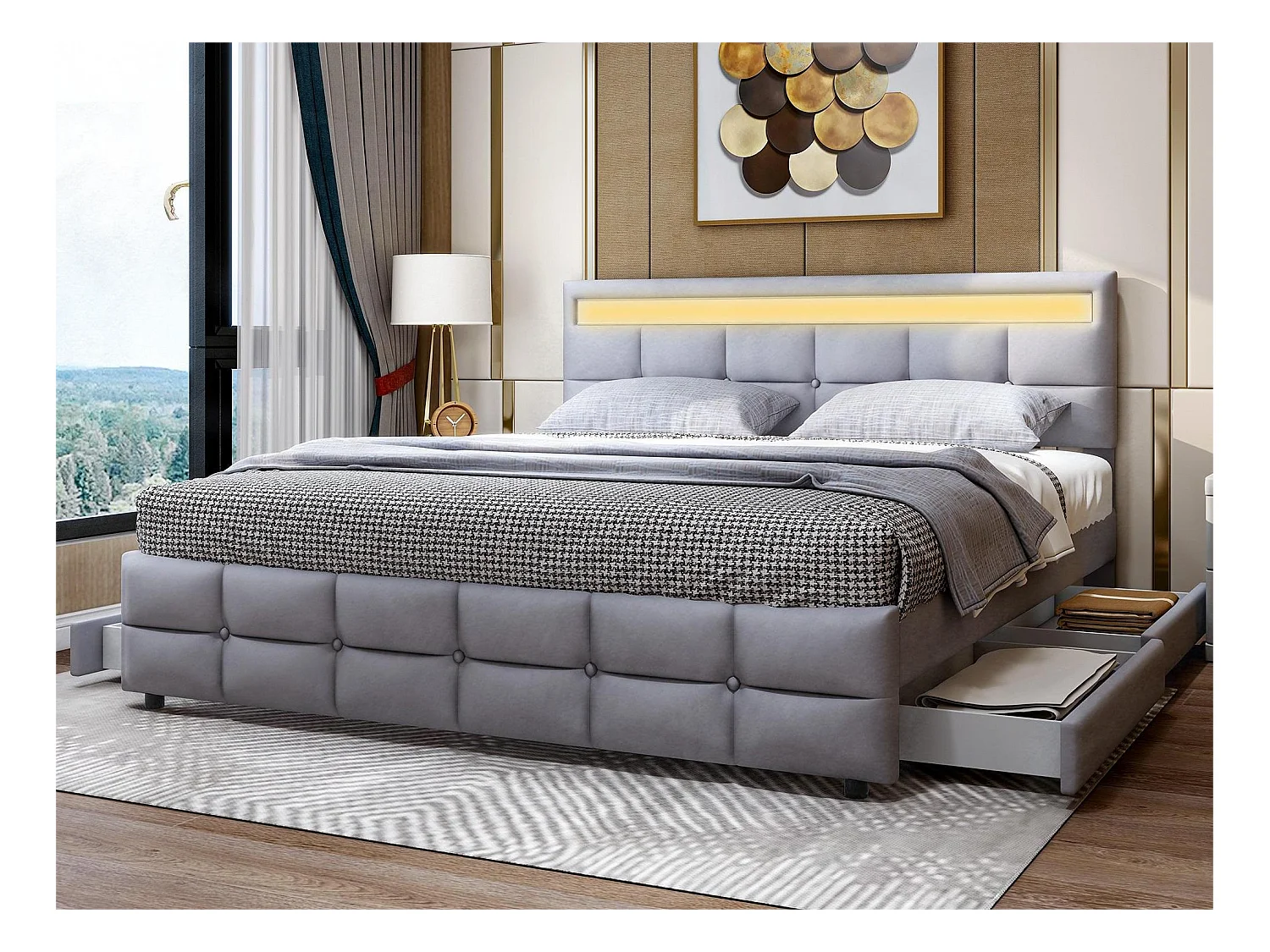 Lit avec tête de lit - 180 x 200 cm - 4 tiroirs - tissu velours - éclairage led - sommier à lattes - gris