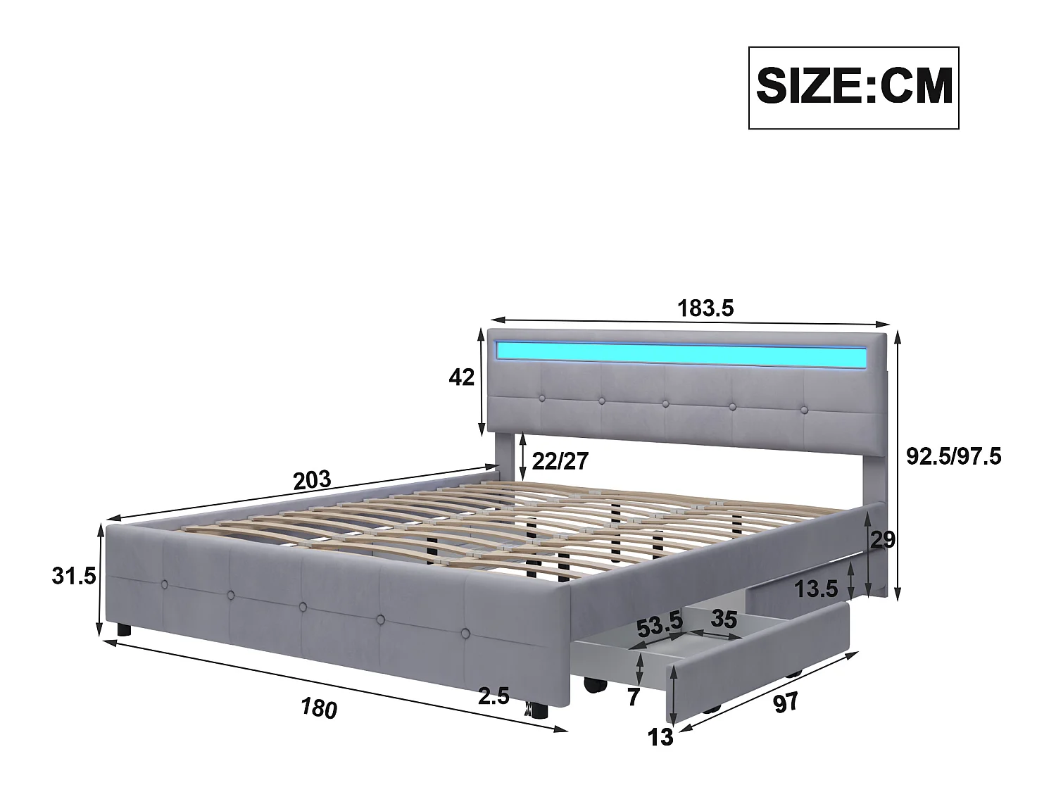 Bett mit Kopfteil – 180 x 200 cm – 4 Schubladen – Samtstoff – LED-Beleuchtung – Lattenrost – Grau