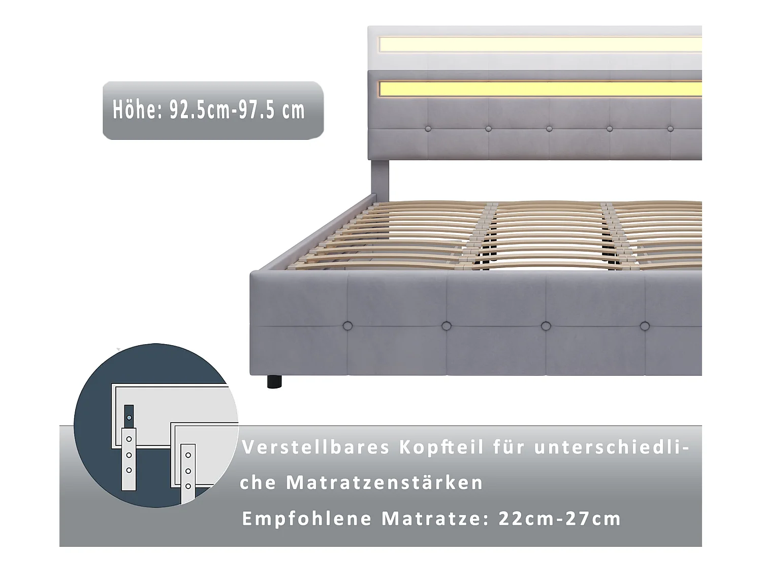 Bett mit Kopfteil – 180 x 200 cm – 4 Schubladen – Samtstoff – LED-Beleuchtung – Lattenrost – Grau