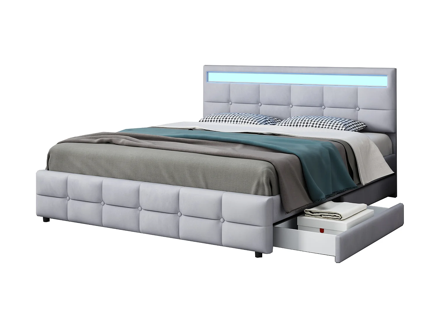Bett mit Kopfteil – 180 x 200 cm – 4 Schubladen – Samtstoff – LED-Beleuchtung – Lattenrost – Grau