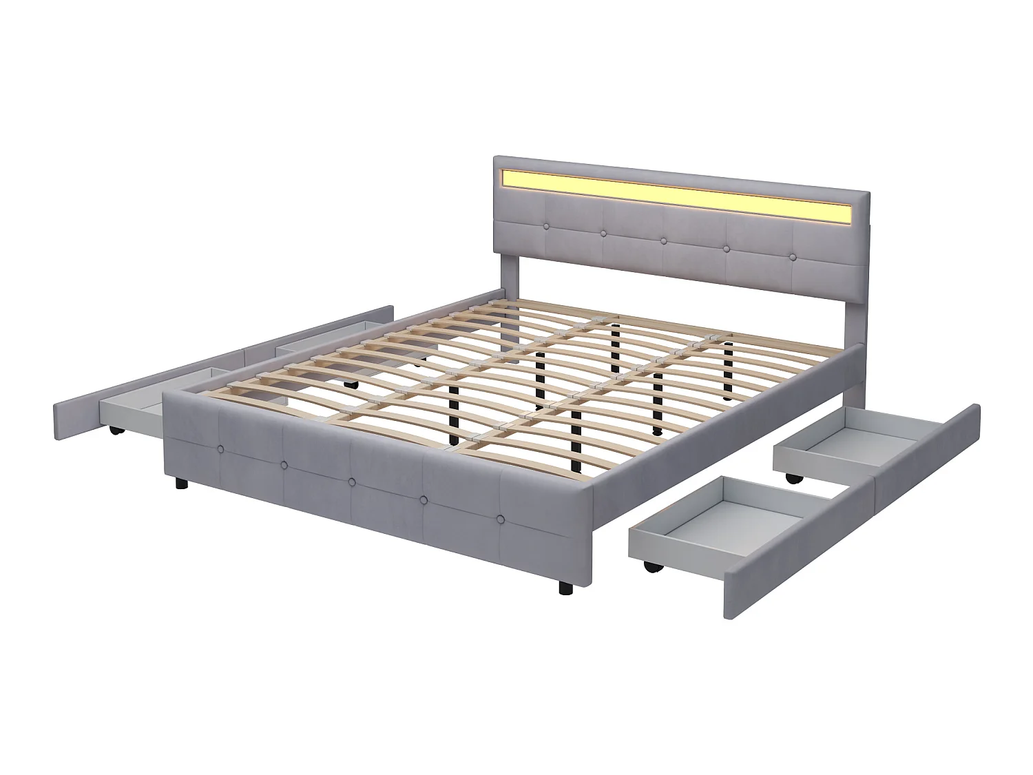 Bett mit Kopfteil – 180 x 200 cm – 4 Schubladen – Samtstoff – LED-Beleuchtung – Lattenrost – Grau