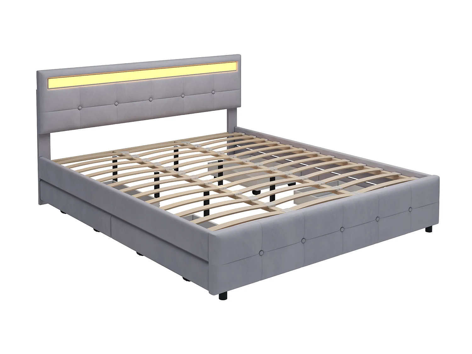 Bett mit Kopfteil – 180 x 200 cm – 4 Schubladen – Samtstoff – LED-Beleuchtung – Lattenrost – Grau