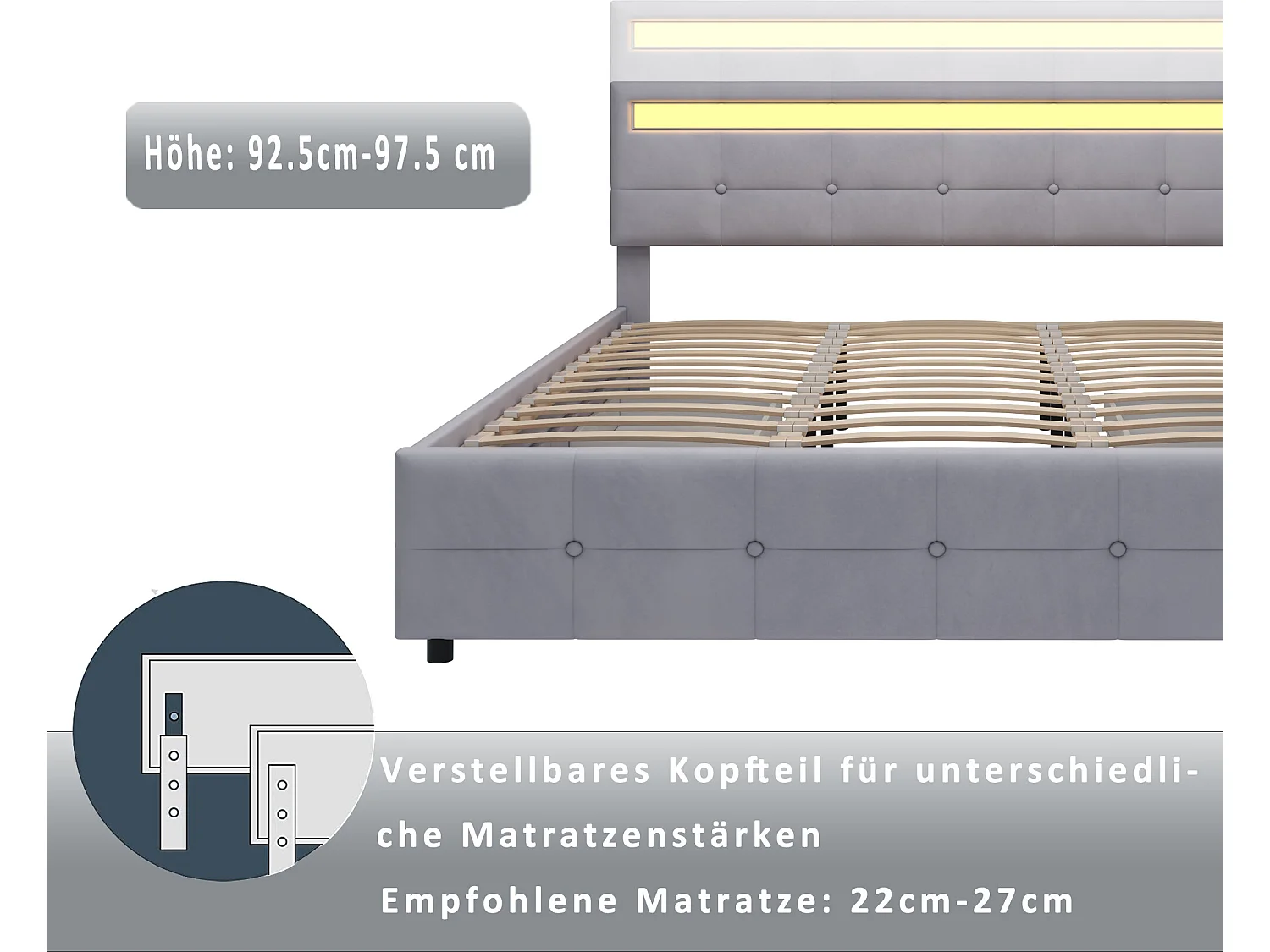 Bed met hoofdeinde - 180 x 200 cm - 4 lades - fluwelen stof - LED verlichting - lattenbodem - grijs