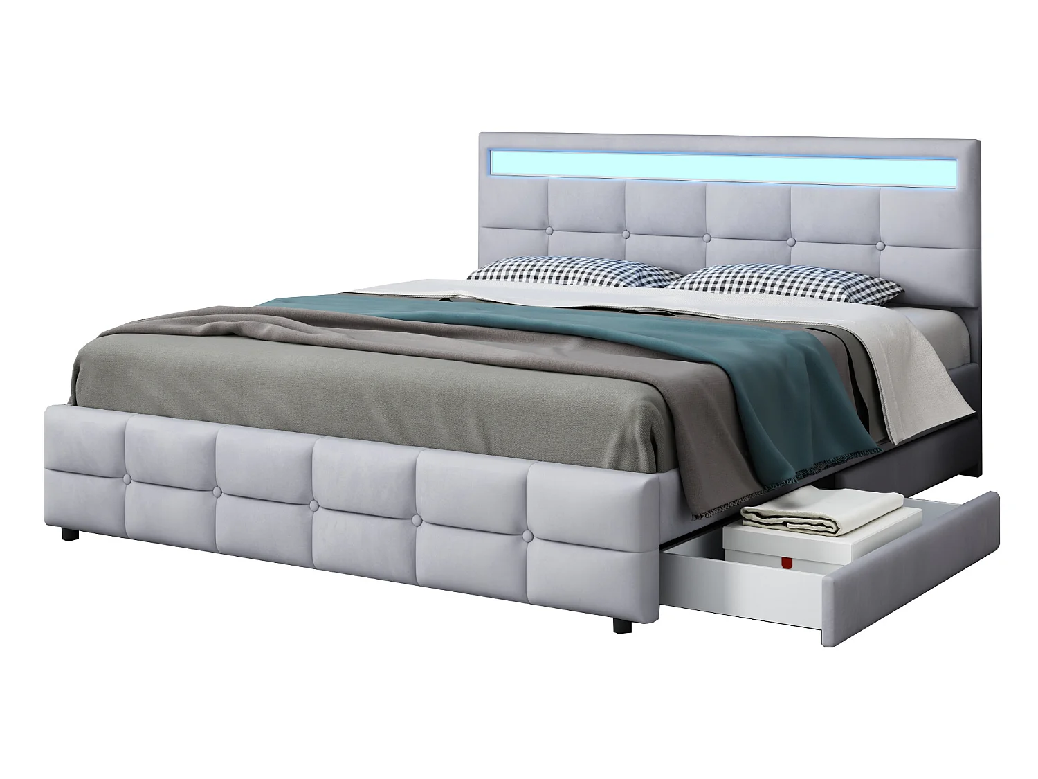 Bed met hoofdeinde - 180 x 200 cm - 4 lades - fluwelen stof - LED verlichting - lattenbodem - grijs