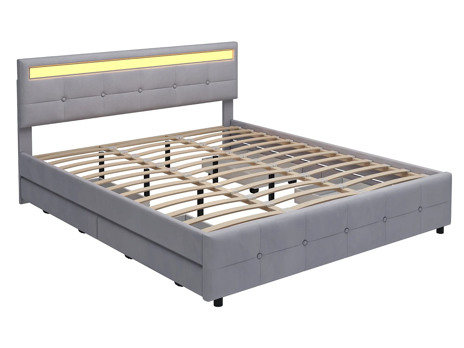 Bed met hoofdeinde - 180 x 200 cm - 4 lades - fluwelen stof - LED verlichting - lattenbodem - grijs