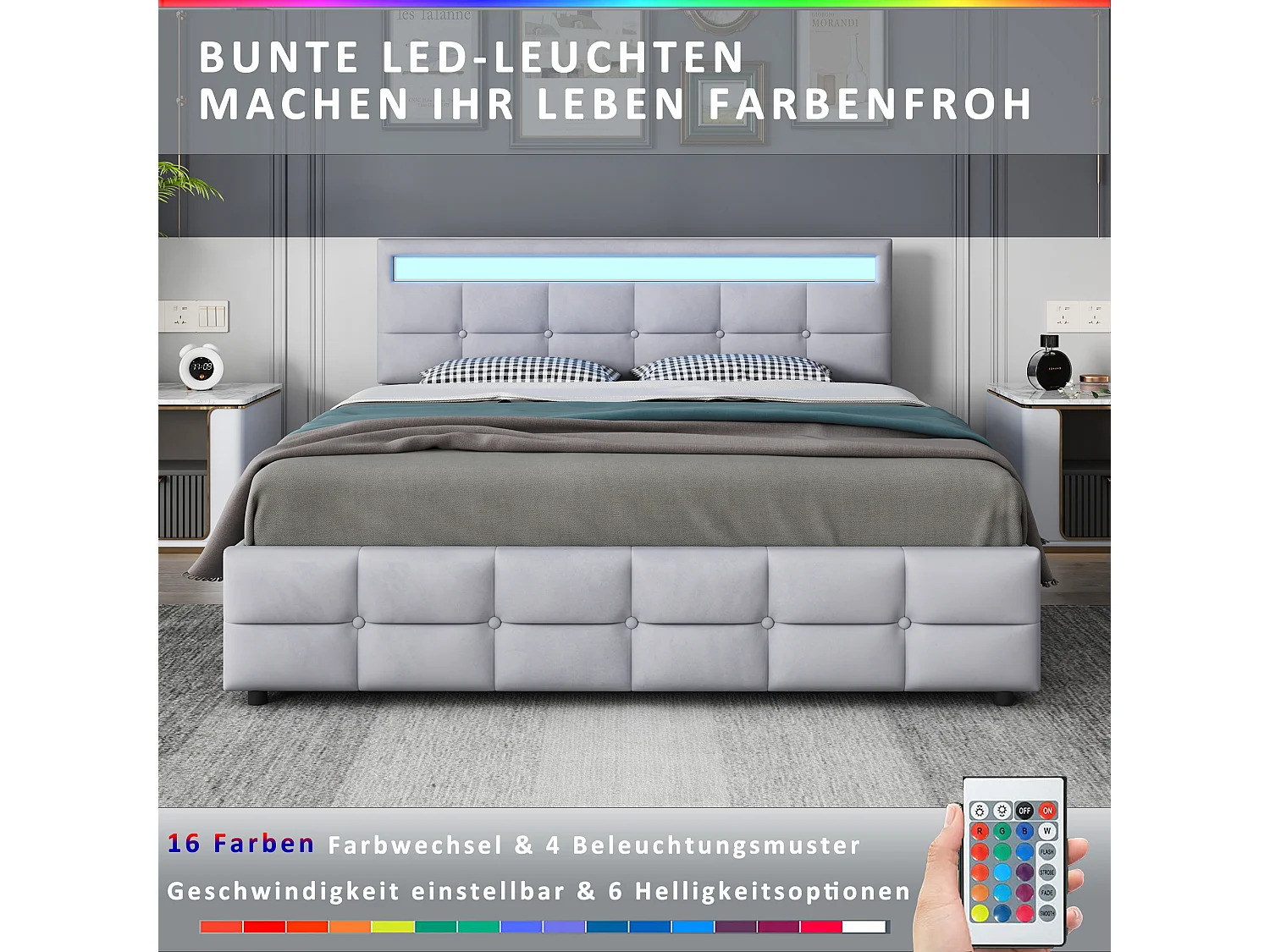 Bed met hoofdeinde - 180 x 200 cm - 4 lades - fluwelen stof - LED verlichting - lattenbodem - grijs