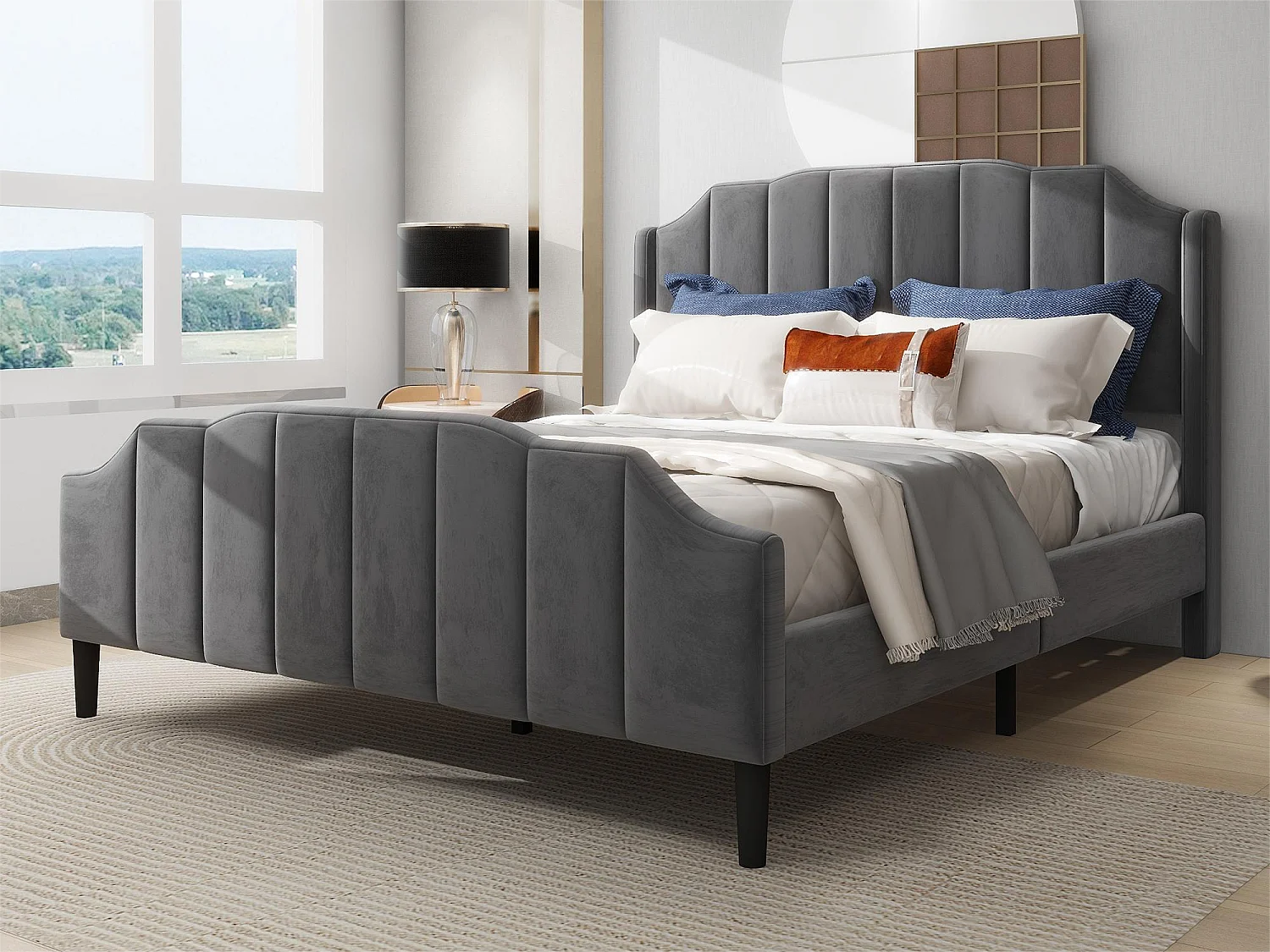 Bed met hoofdeinde - 140 x 200 cm - fluweel - inclusief boxspring - kleur grijs