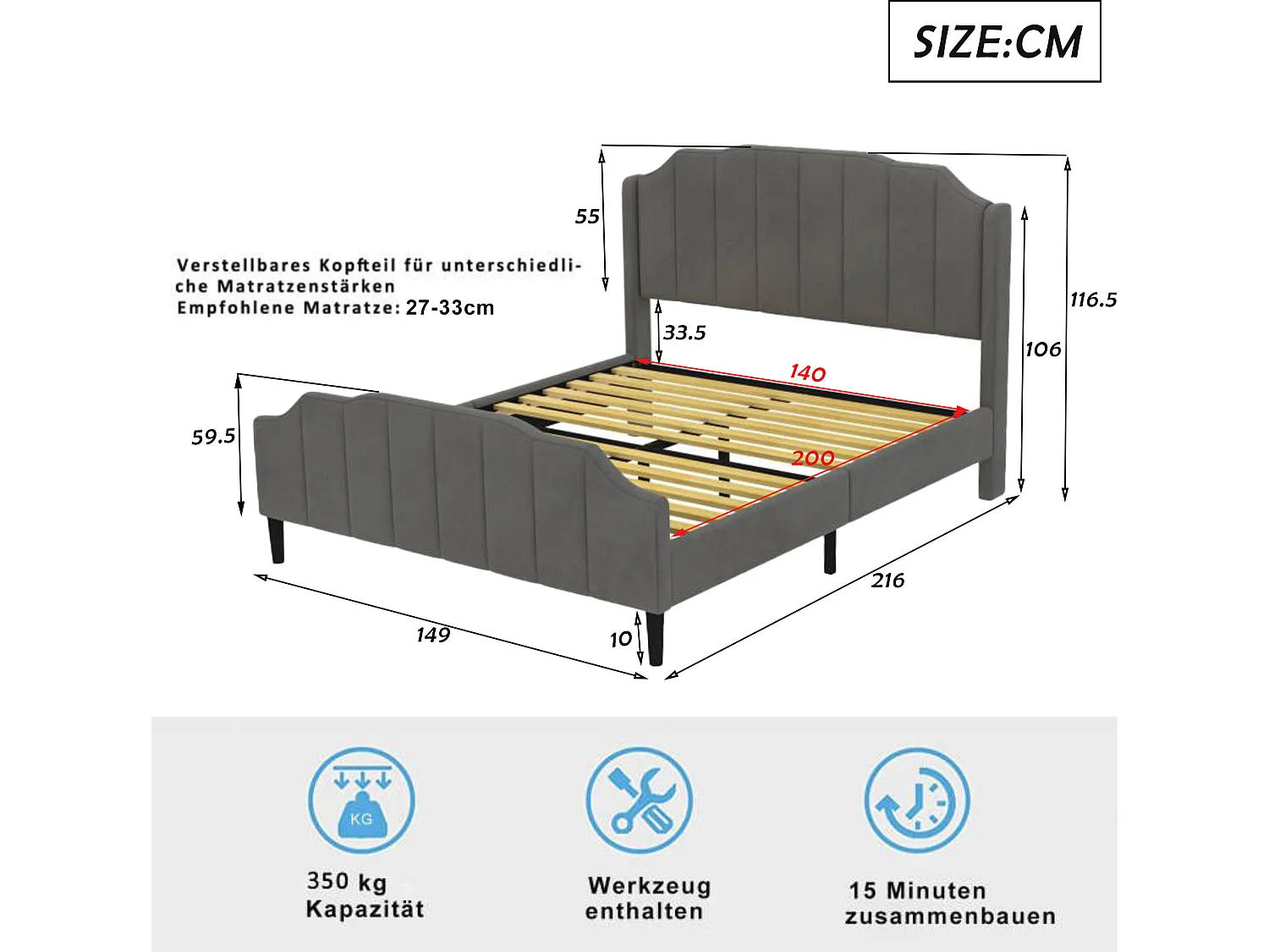 Bed met hoofdeinde - 140 x 200 cm - fluweel - inclusief boxspring - kleur grijs