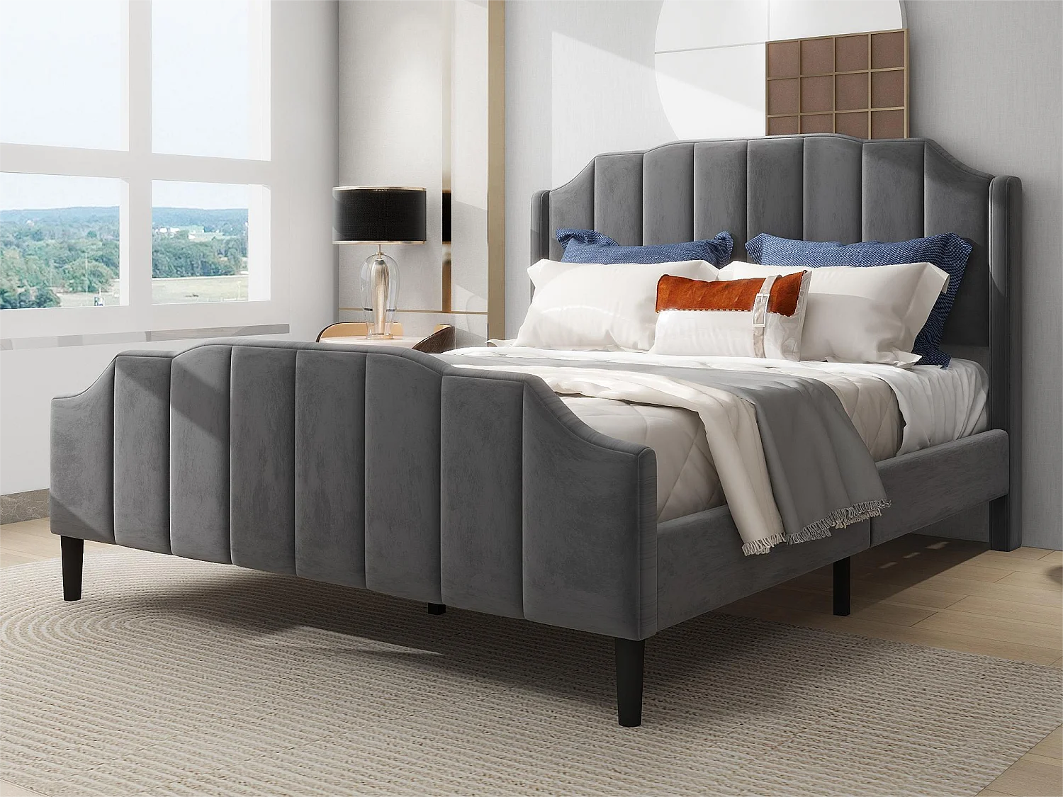 Bed met hoofdeinde - 140 x 200 cm - fluweel - inclusief boxspring - kleur grijs