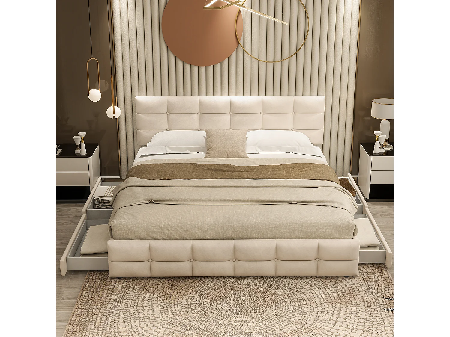 Bed met hoofdeinde en 4 laden - 180 x 200 cm - fluweel - elegante stijl - beige kleur