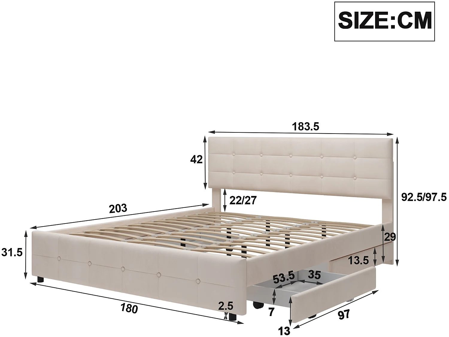 Bed met hoofdeinde en 4 laden - 180 x 200 cm - fluweel - elegante stijl - beige kleur
