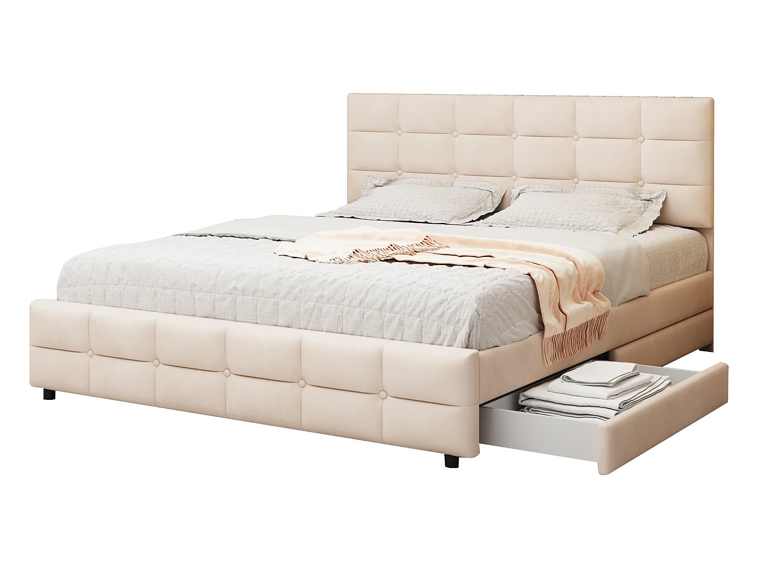 Bed met hoofdeinde en 4 laden - 180 x 200 cm - fluweel - elegante stijl - beige kleur