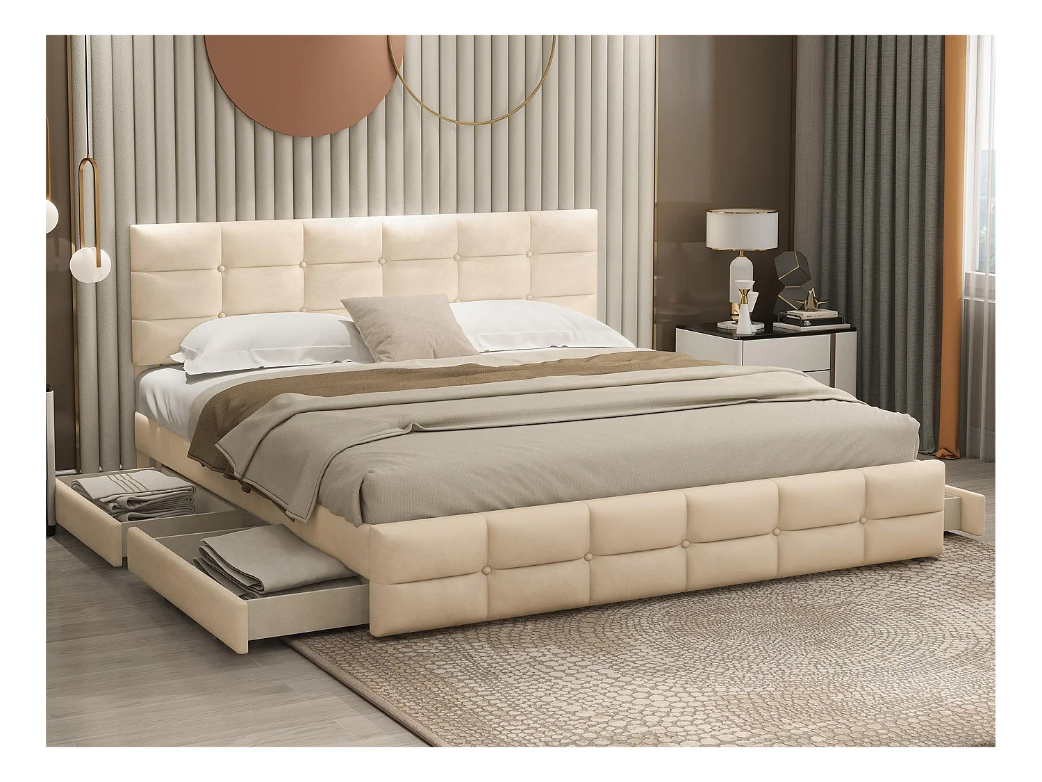 Lit avec tête de lit et 4 tiroirs - 180 x 200 cm - velours - style élégant - coloris beige