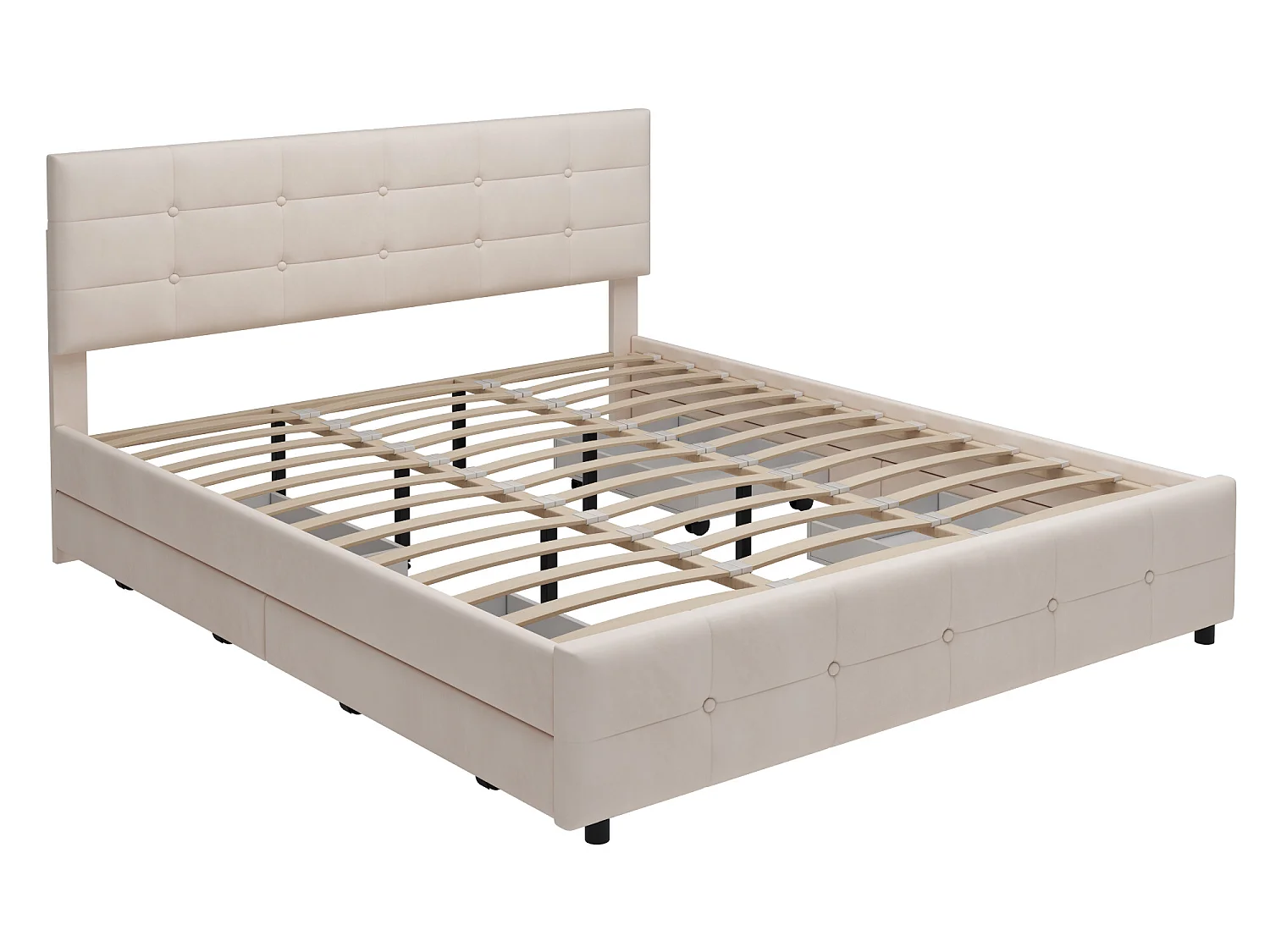 Lit avec tête de lit et 4 tiroirs - 180 x 200 cm - velours - style élégant - coloris beige