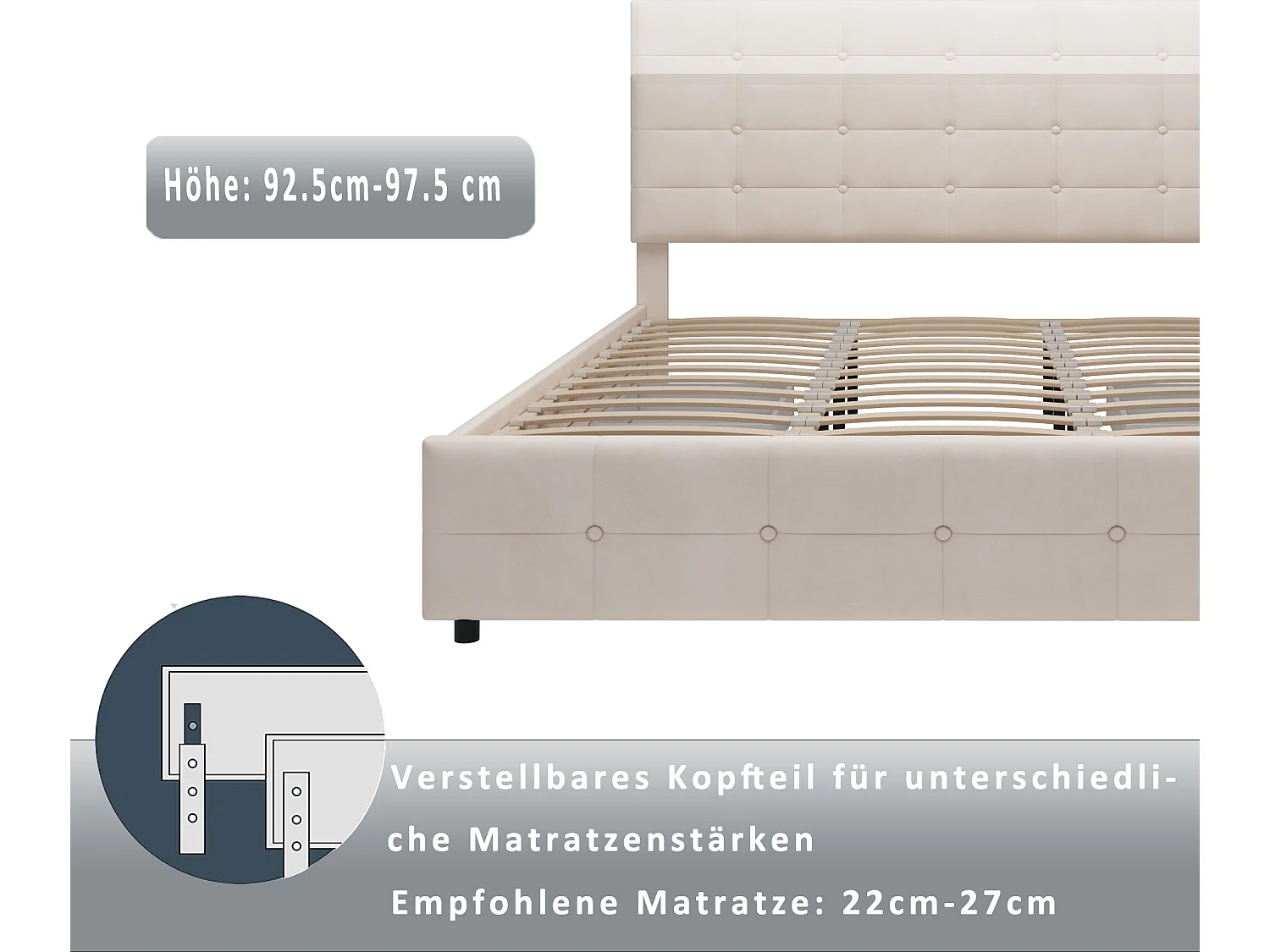 Lit avec tête de lit et 4 tiroirs - 180 x 200 cm - velours - style élégant - coloris beige